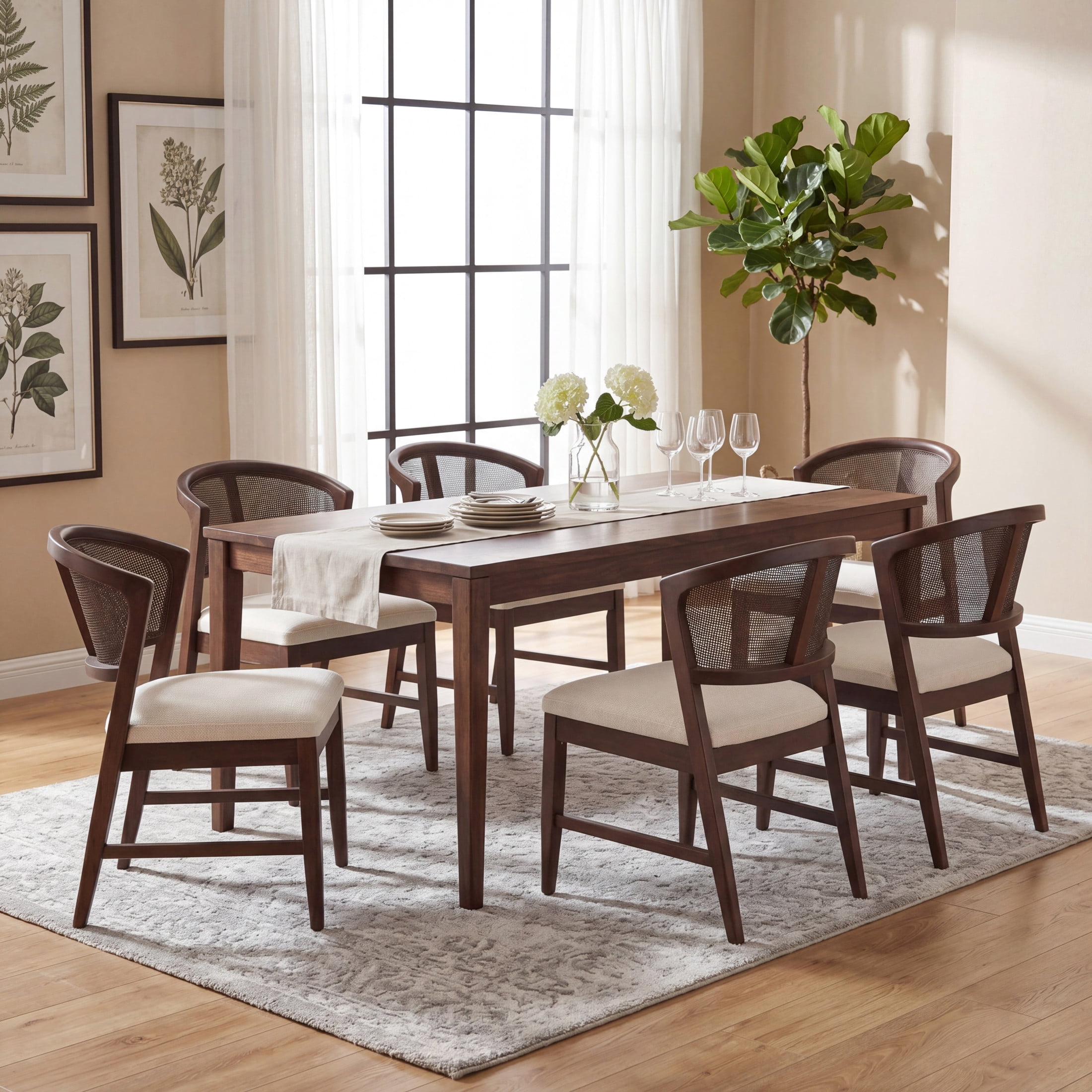 Christopher Knight Home Modern Armless Dining Chairs with Cane Back, Wood Frame, Walnut, Set of 6