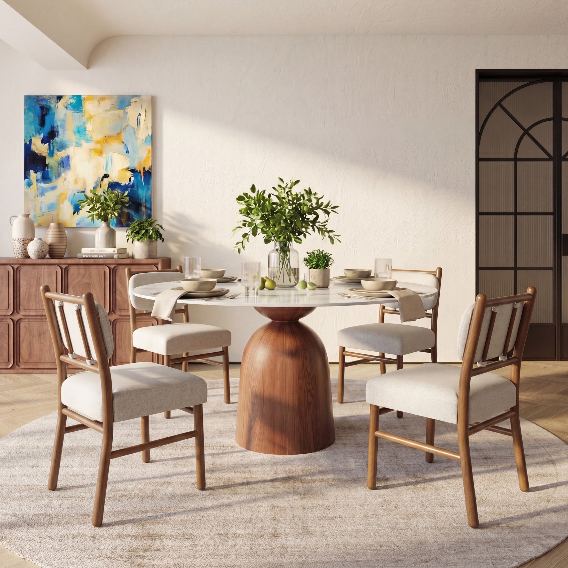 Christopher Knight Home Modern Armless Upholstered Dining Side Chairs, Wood Frame, Dark Walnut+Beige, Set of 4