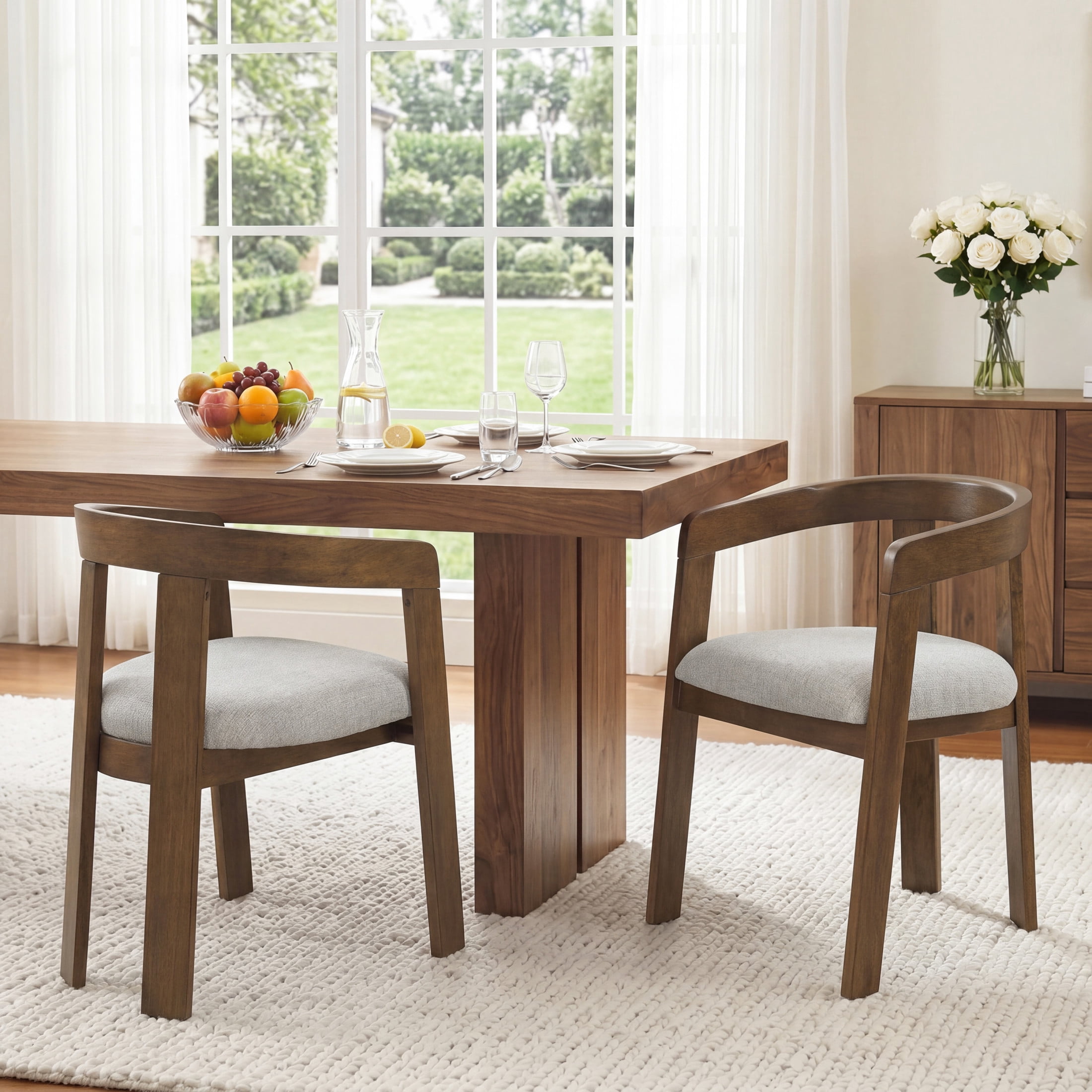 Christopher Knight Home Modern Barrel Dining Chairs, Grayish Green Upholstered, Walnut, Set of 2