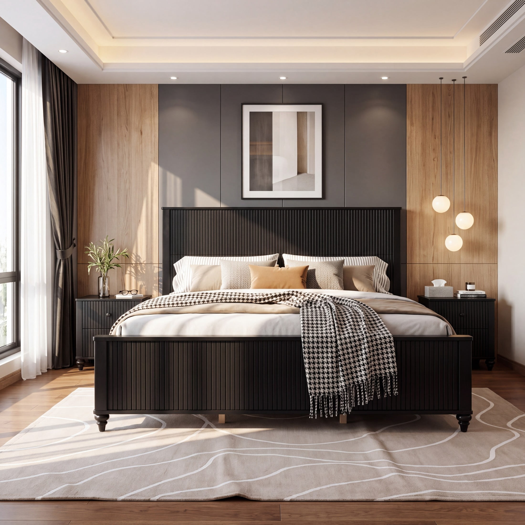 Christopher Knight Home Modern Bedroom Set, King Fluted Wood Platform Bed with 2 Nightstands, Black