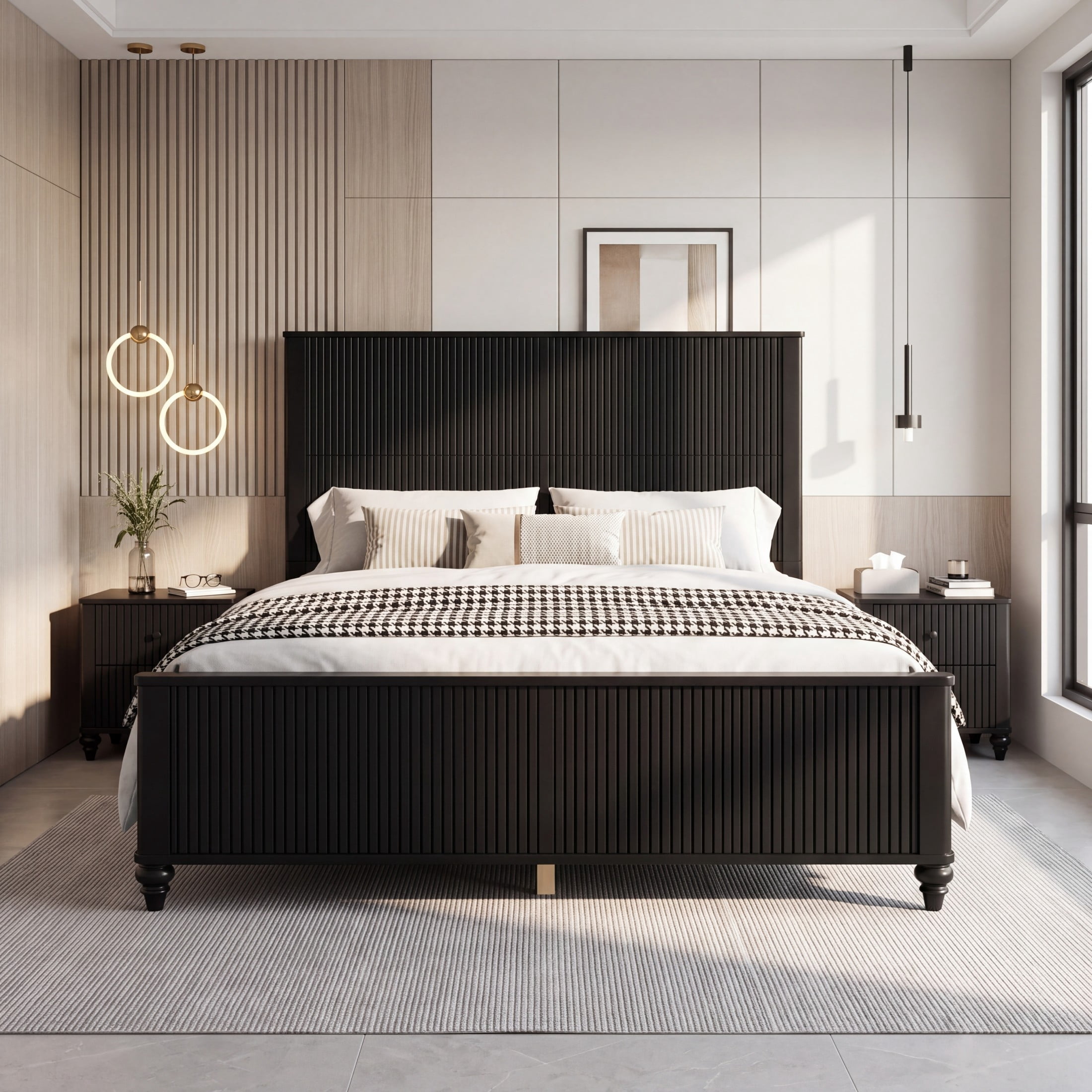 Christopher Knight Home Modern Bedroom Set, Queen Fluted Wood Platform Bed with 2 Nightstands, Black