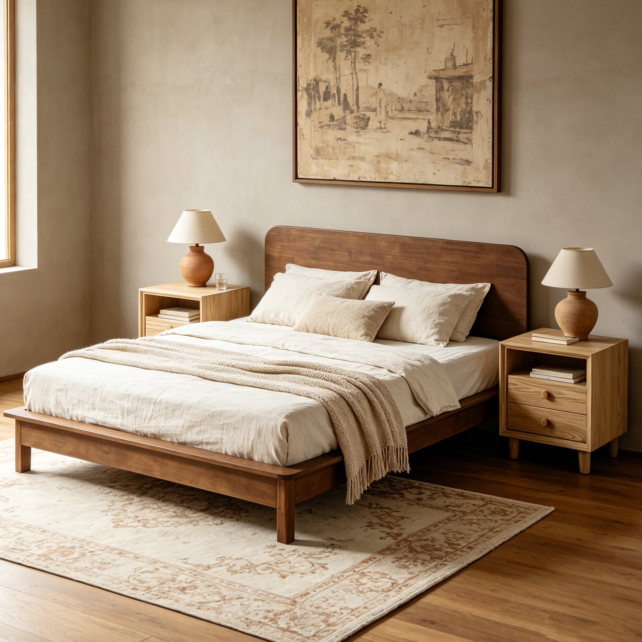 Christopher Knight Home Modern Bedroom Set, Wood King Platform Bed with 2 Nightstands, Walnut+Natural