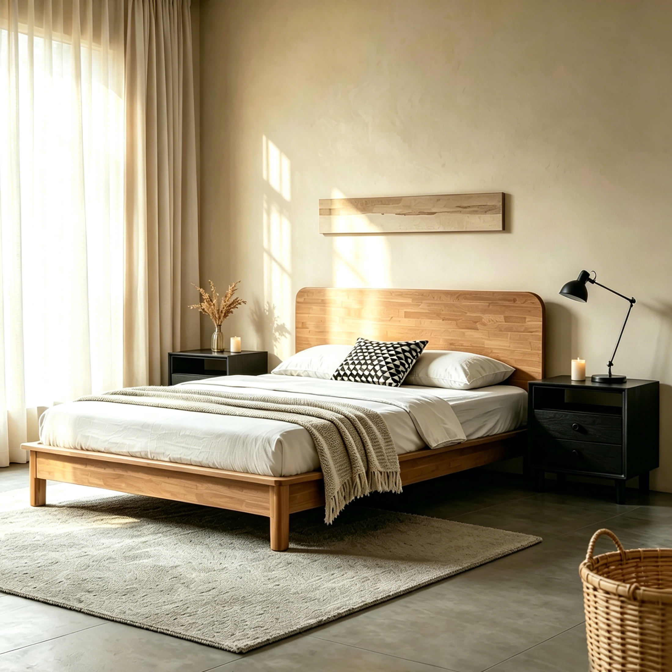 Christopher Knight Home Modern Bedroom Set, Wood Queen Platform Bed with 2 Nightstands, Natural+Black