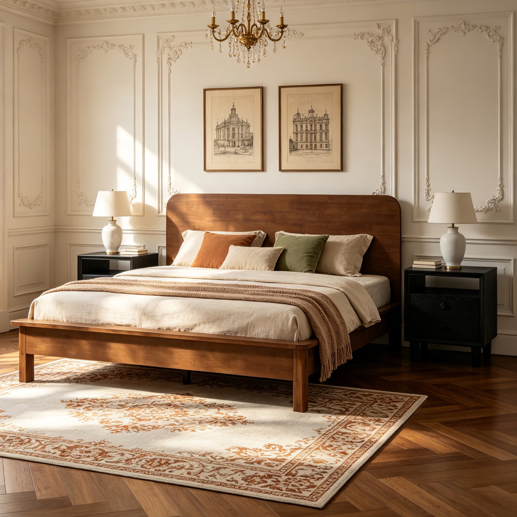 Christopher Knight Home Modern Bedroom Set, Wood Queen Platform Bed with 2 Nightstands, Walnut+Black