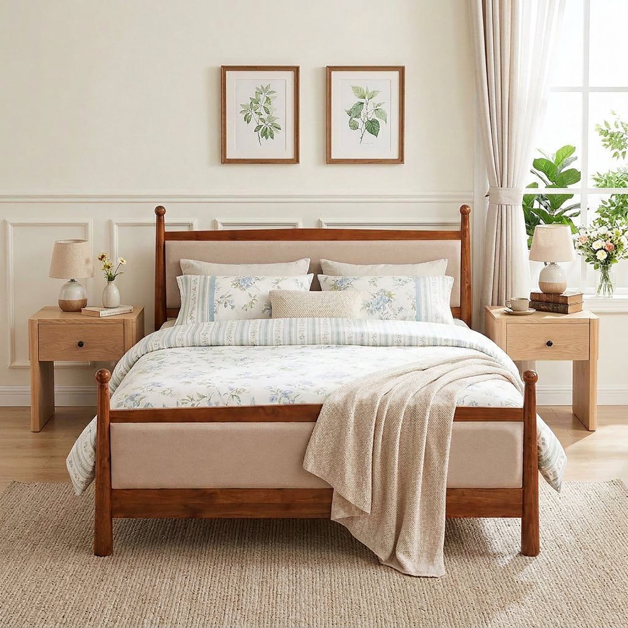Christopher Knight Home 3-Piece Modern Bedroom Set, King Upholstered Bed with 2 Nightstands, Cherry+Natural