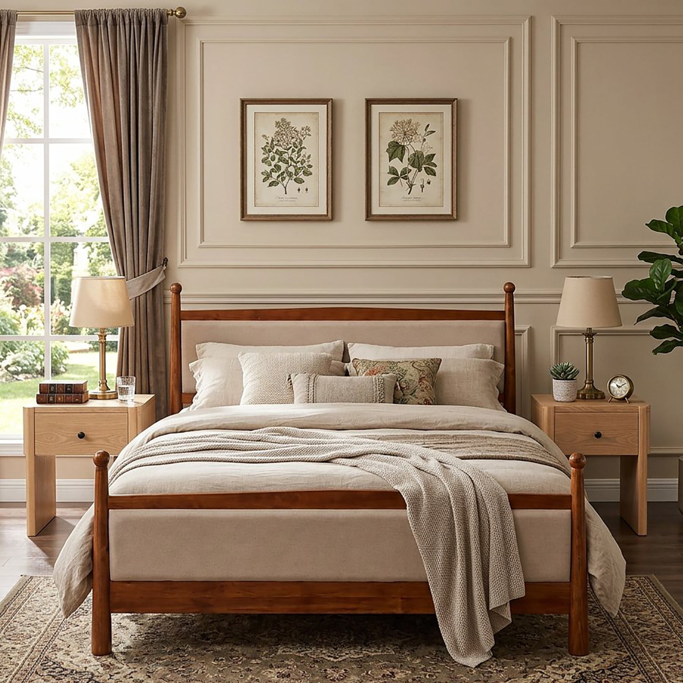 Christopher Knight Home 3-Piece Modern Bedroom Set, Queen Upholstered Bed with 2 Nightstands, Cherry+Natural