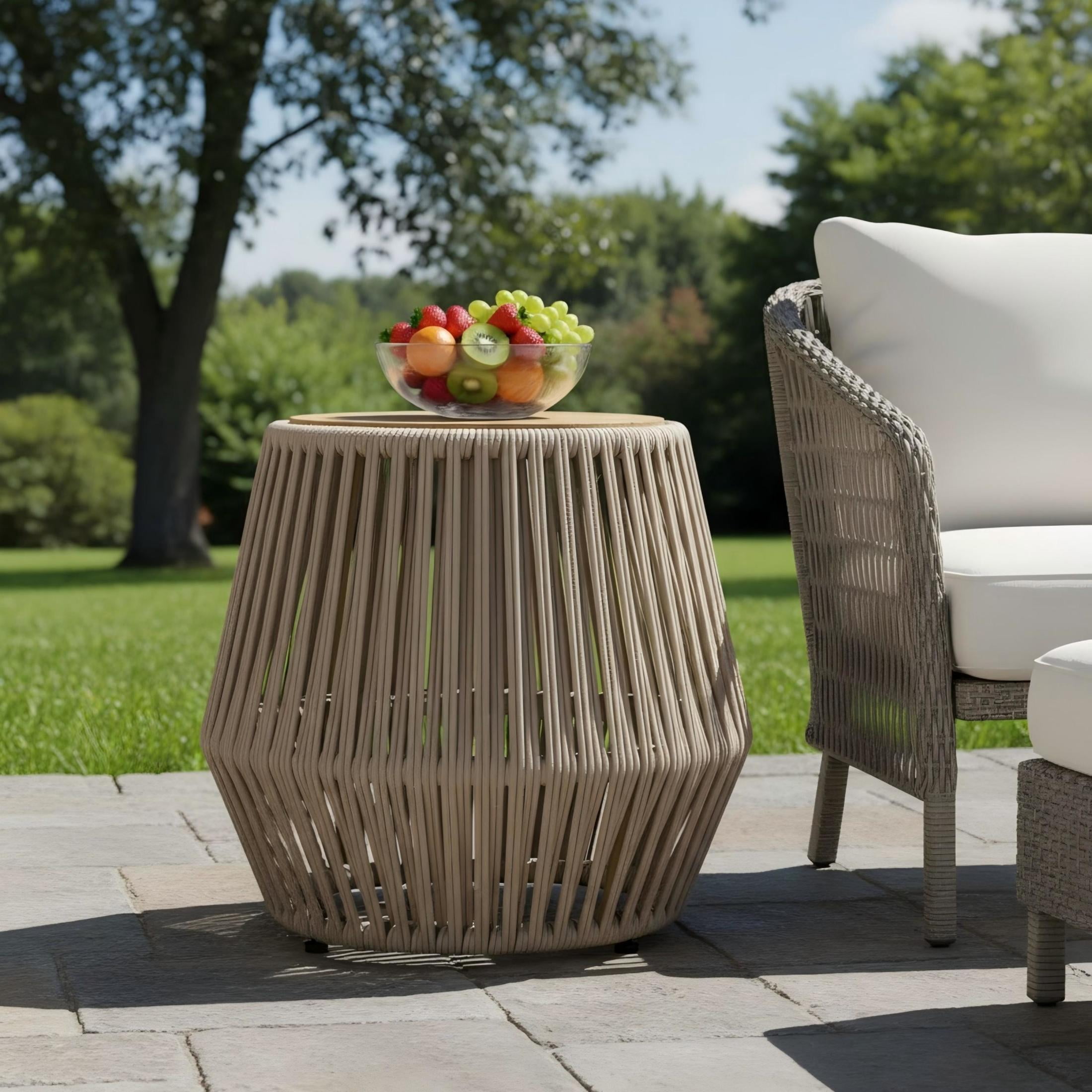 Christopher Knight Home Modern Boho Acacia Wood Accent Side Table with Beige Rope Base, Light Teak Finish