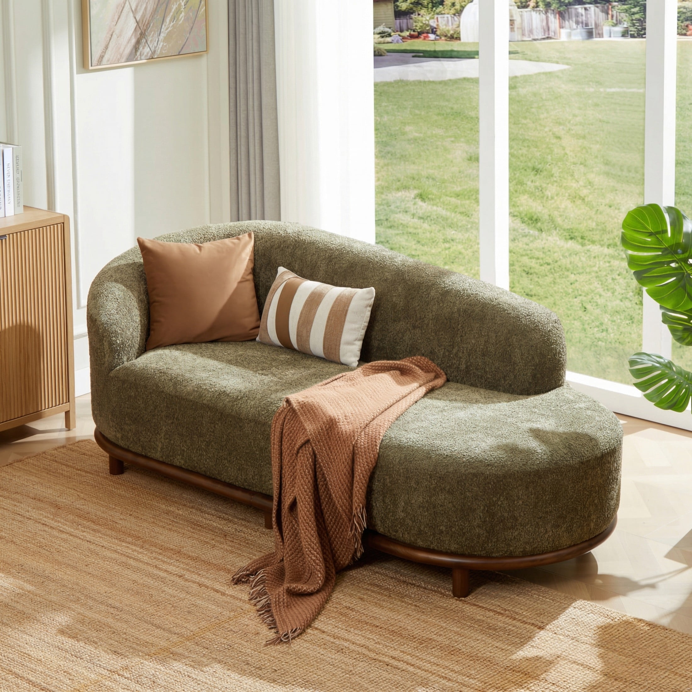 Christopher Knight Home Modern Boucle Chaise Lounge Sofa with 3 Seats, Solid Wood Frame, Green
