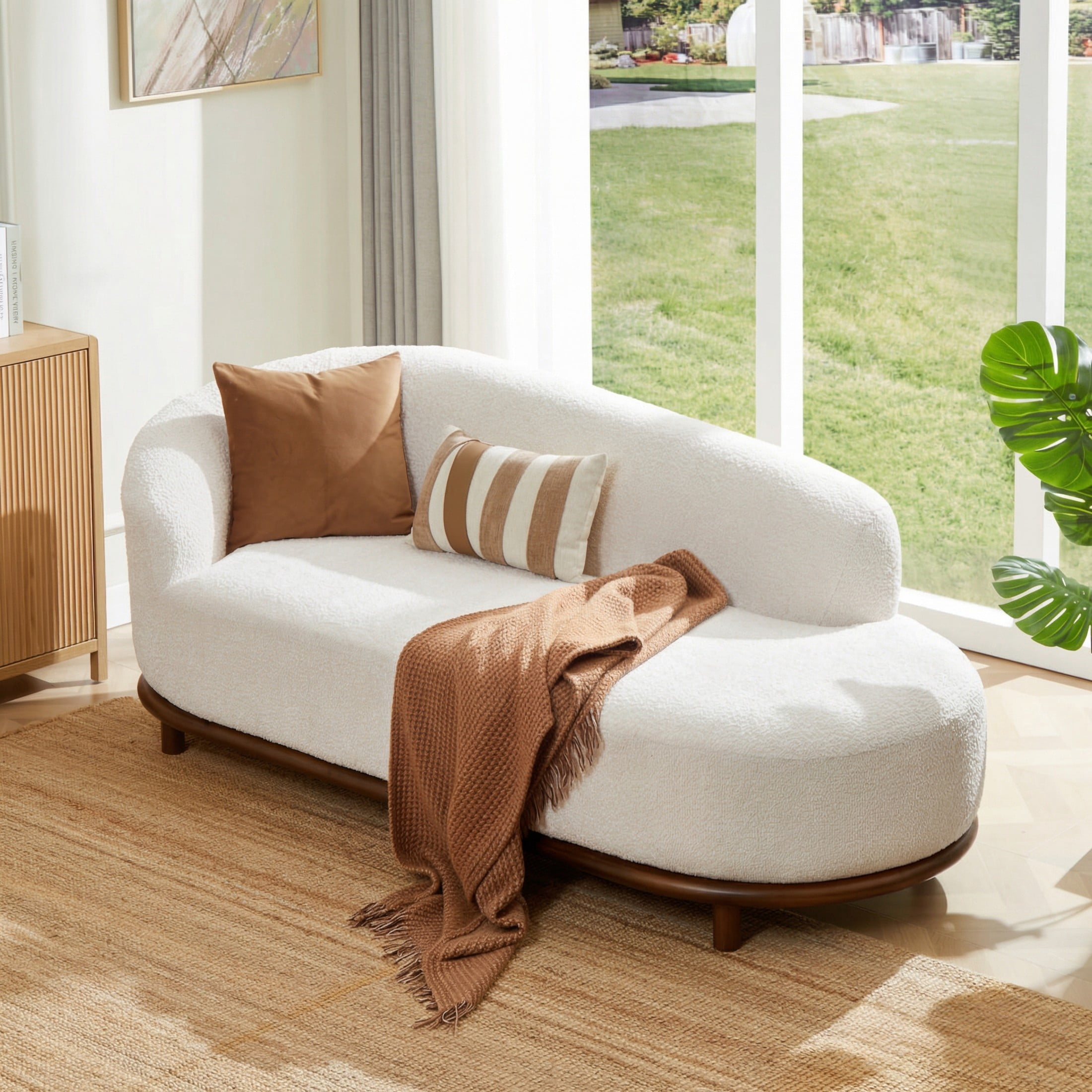 Christopher Knight Home Modern Boucle Chaise Lounge Sofa with 3 Seats, Solid Wood Frame, White