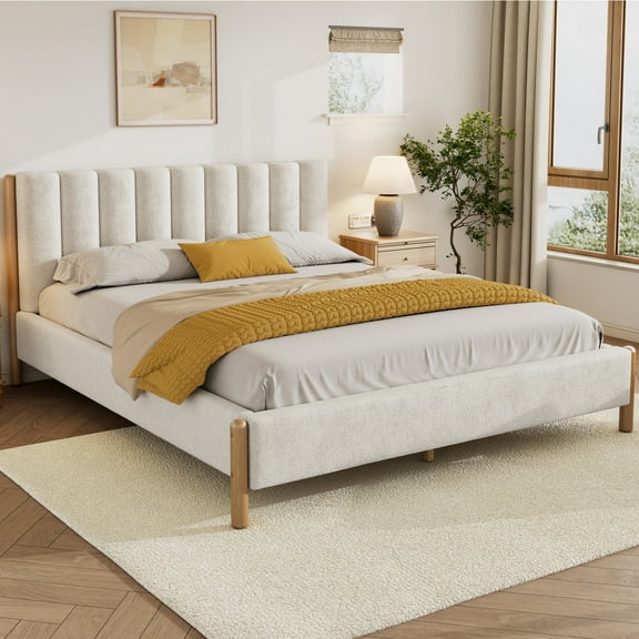 Christopher Knight Home Modern Boucle Queen Bed Frame, Vertical Stripe Headboard, Solid Wood, White