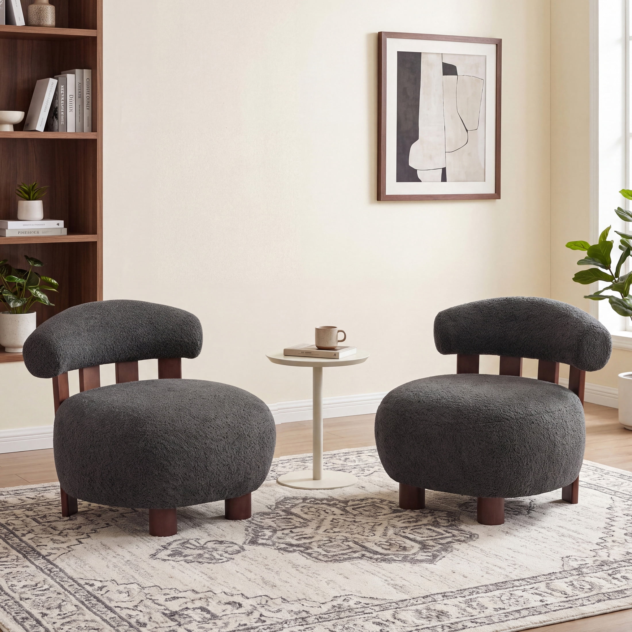 Christopher Knight Home Modern Boucle Slipper Accent Chair with Upholstered Plush Seat, Wood Legs, Dark Gray, Set of 2
