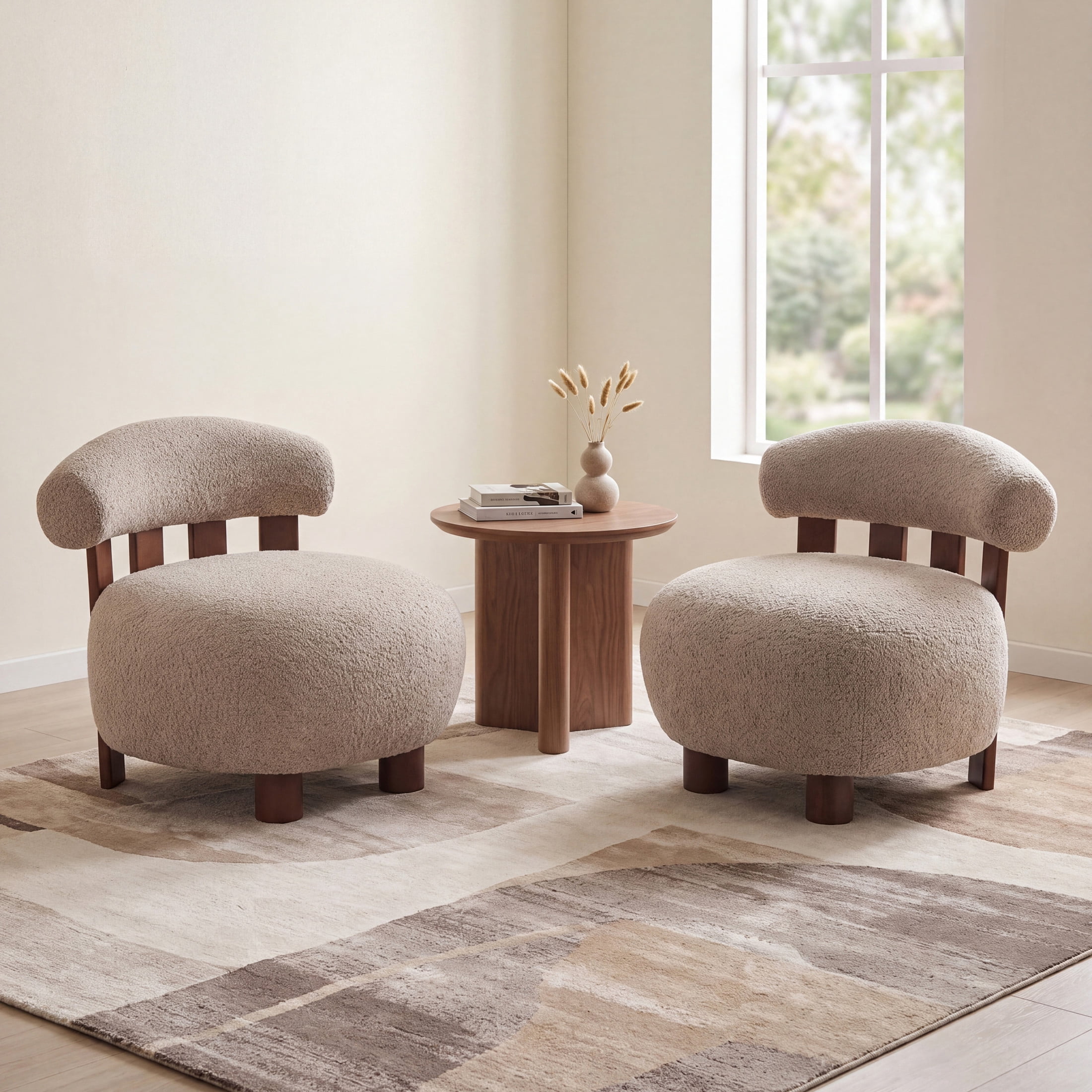 Christopher Knight Home Modern Boucle Slipper Accent Chair with Upholstered Plush Seat, Wood Legs, Light Brown, Set of 2