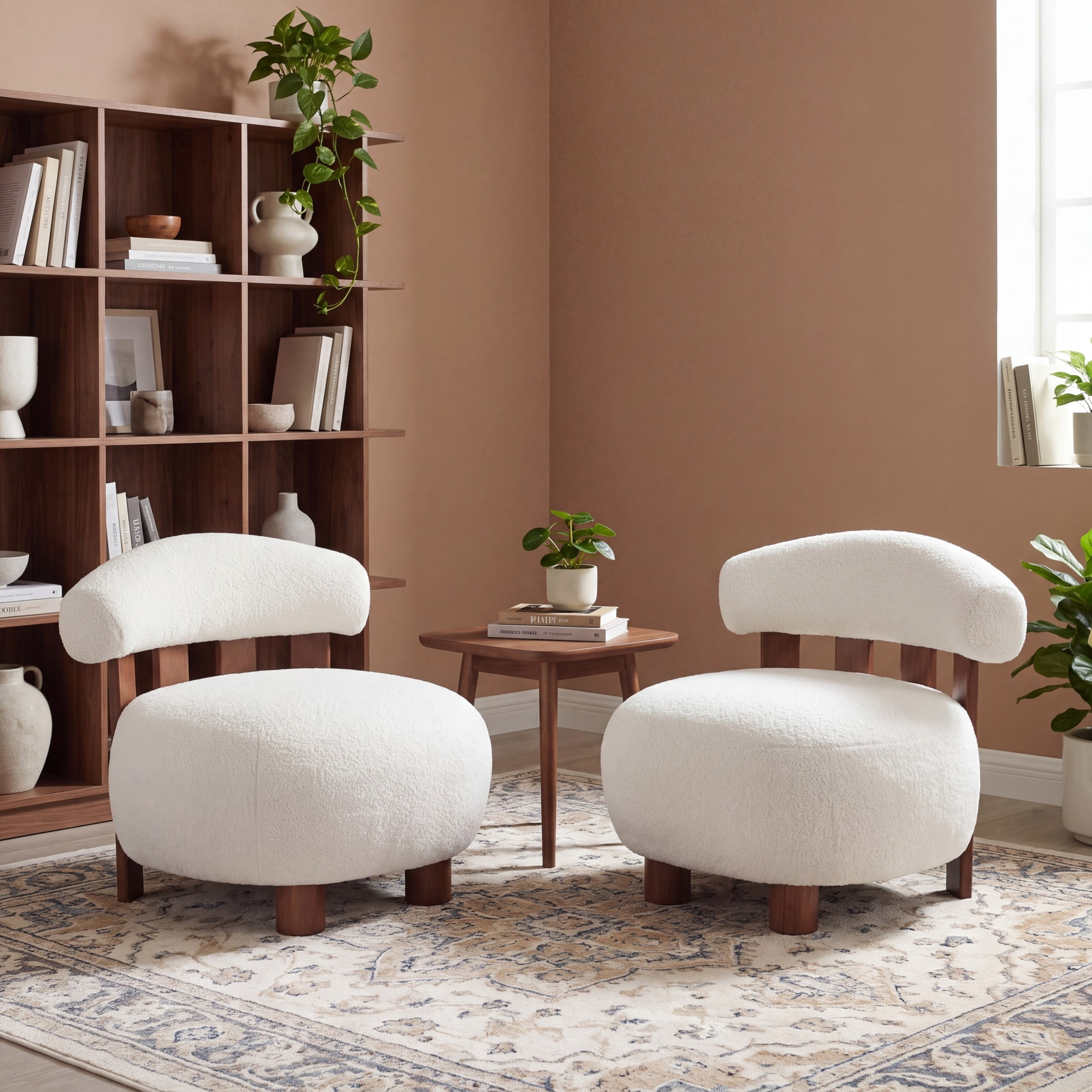 Christopher Knight Home Modern Boucle Slipper Accent Chair with Upholstered Plush Seat, Wood Legs, Off White, Set of 2