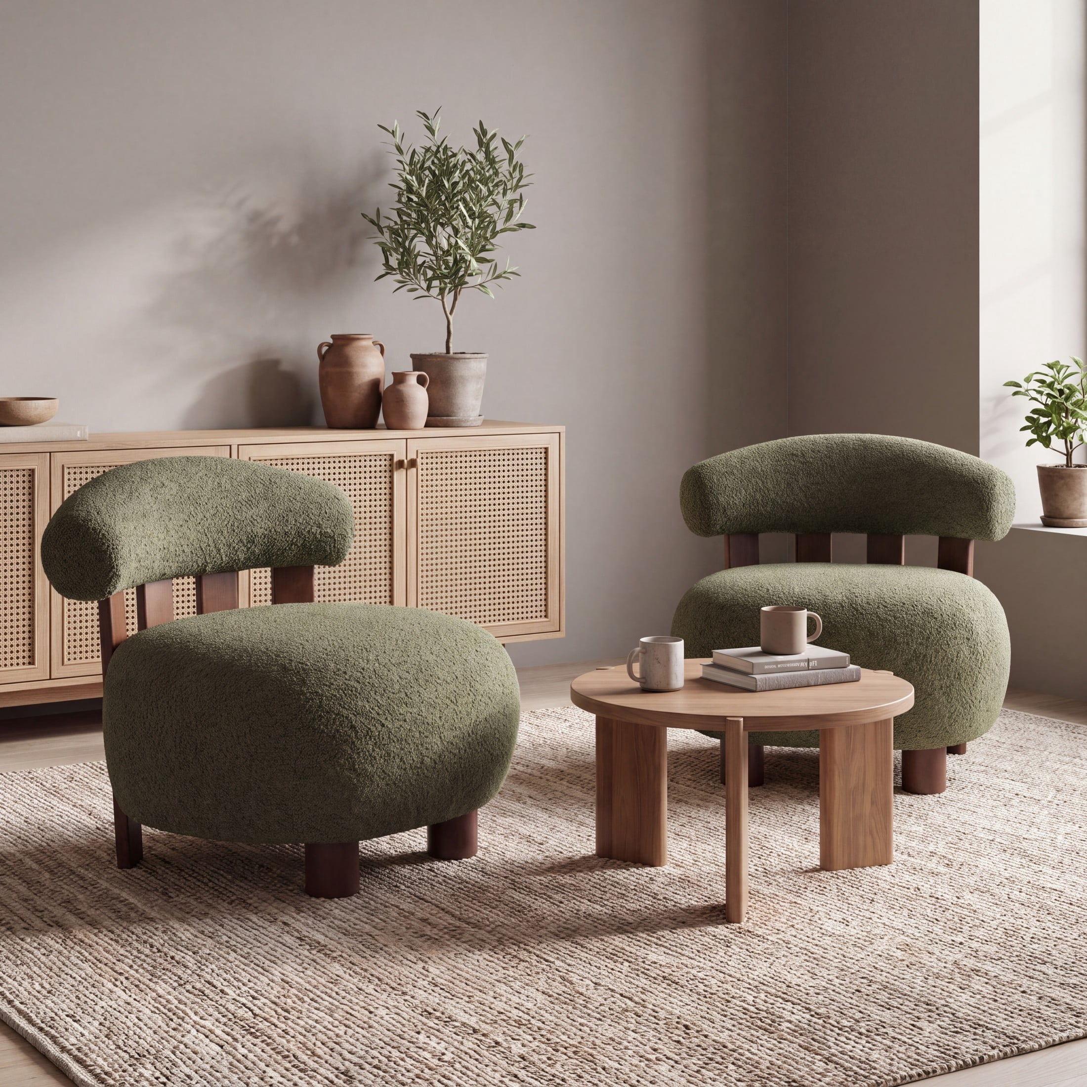 Christopher Knight Home Modern Boucle Slipper Accent Chair with Upholstered Plush Seat, Wood Legs, Olive Green, Set of 2