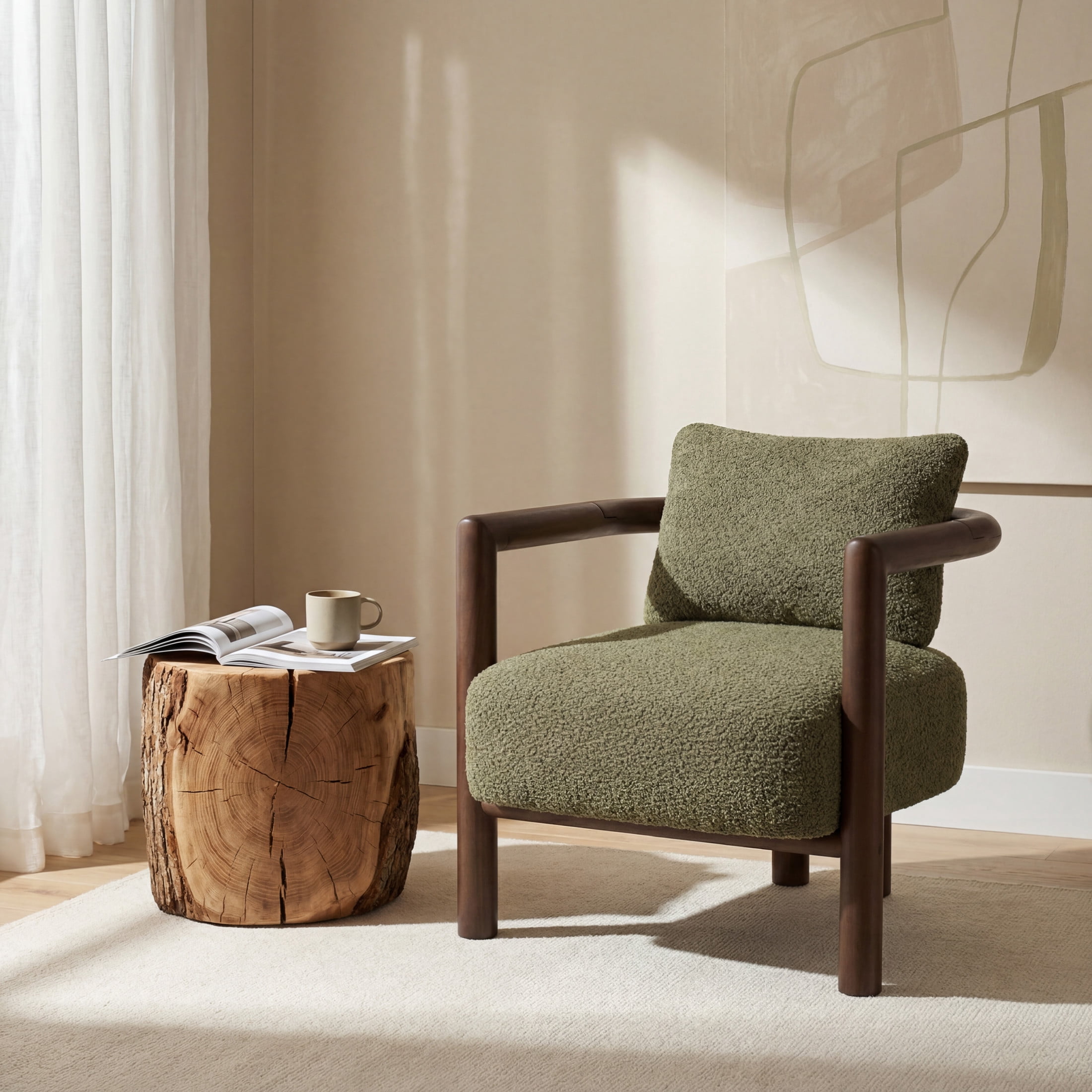 Christopher Knight Home Modern Boucle Upholstered Accent Arm Chair with Wood Frame, Olive Green
