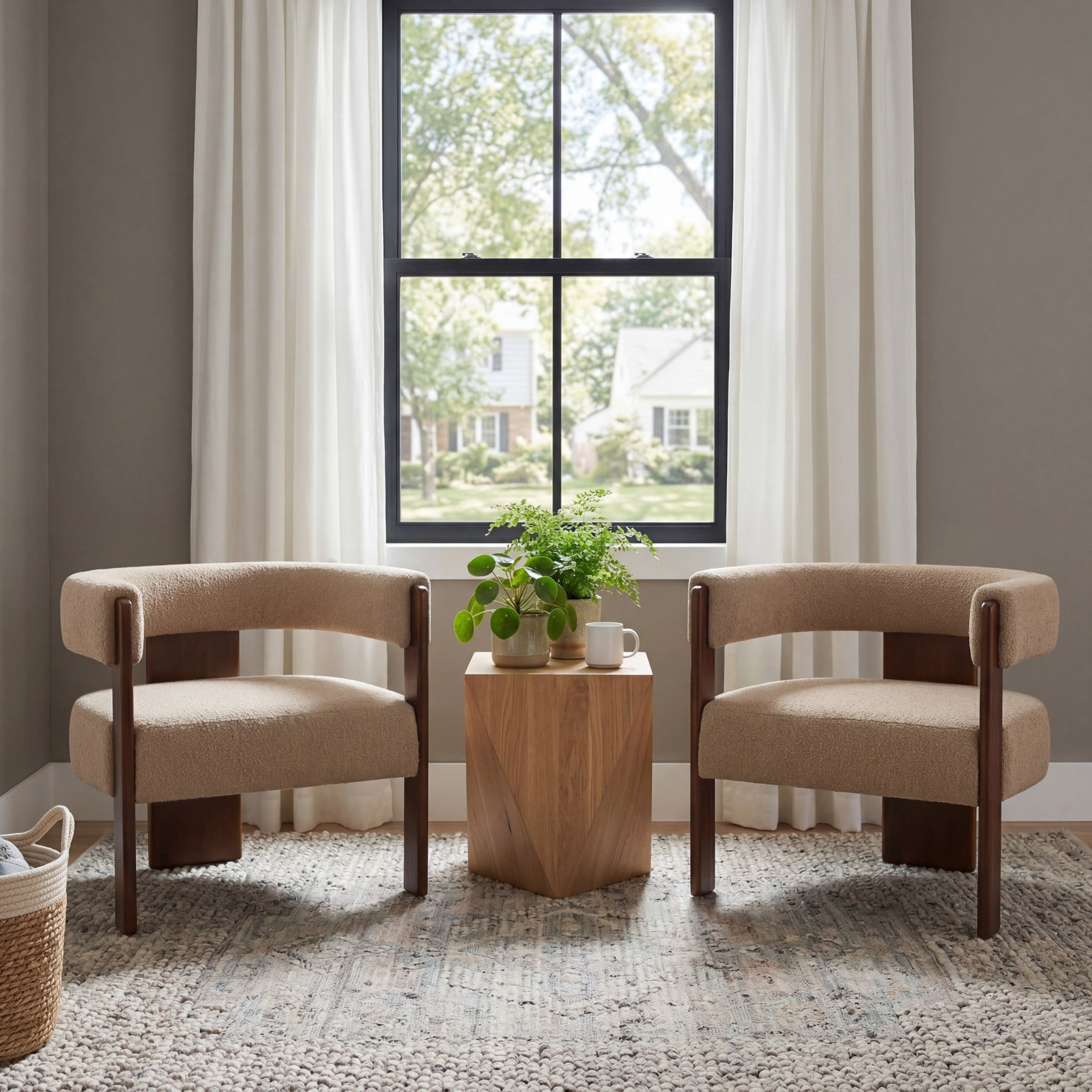 Christopher Knight Home Modern Boucle Upholstered Accent Armchair with Barrel Back, Wood Legs, Light Camel, Set of 2