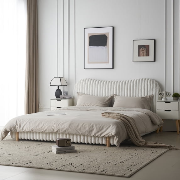 Christopher Knight Home Modern Boucle Upholstered King Bed Frame, Curved Wavy Headboard, Vertical Stitching, Solid Wood Legs, White