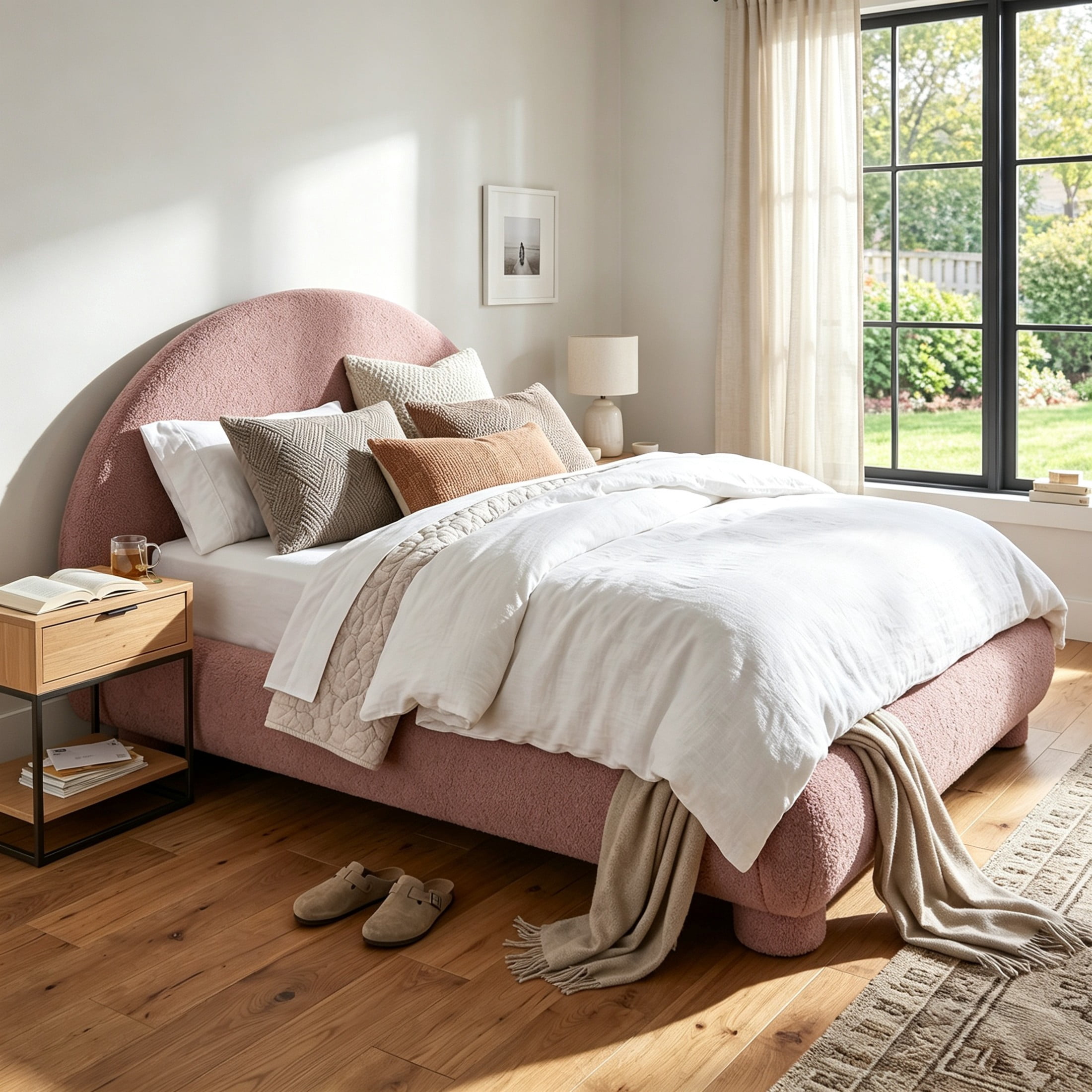 Christopher Knight Home Modern Boucle Upholstered Platform Bed with Arched Headboard, Full Size, Russet Red