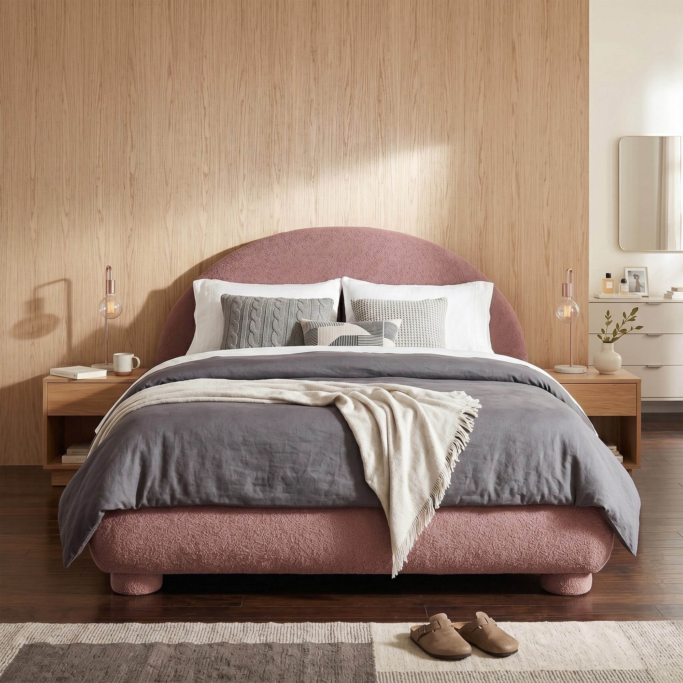 Christopher Knight Home Modern Boucle Upholstered Platform Bed with Arched Headboard, Queen Size, Russet Red