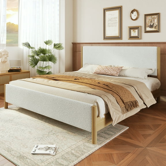Christopher Knight Home Modern Boucle Upholstered Queen Bed Frame with Headboard, Solid Wood Legs, White