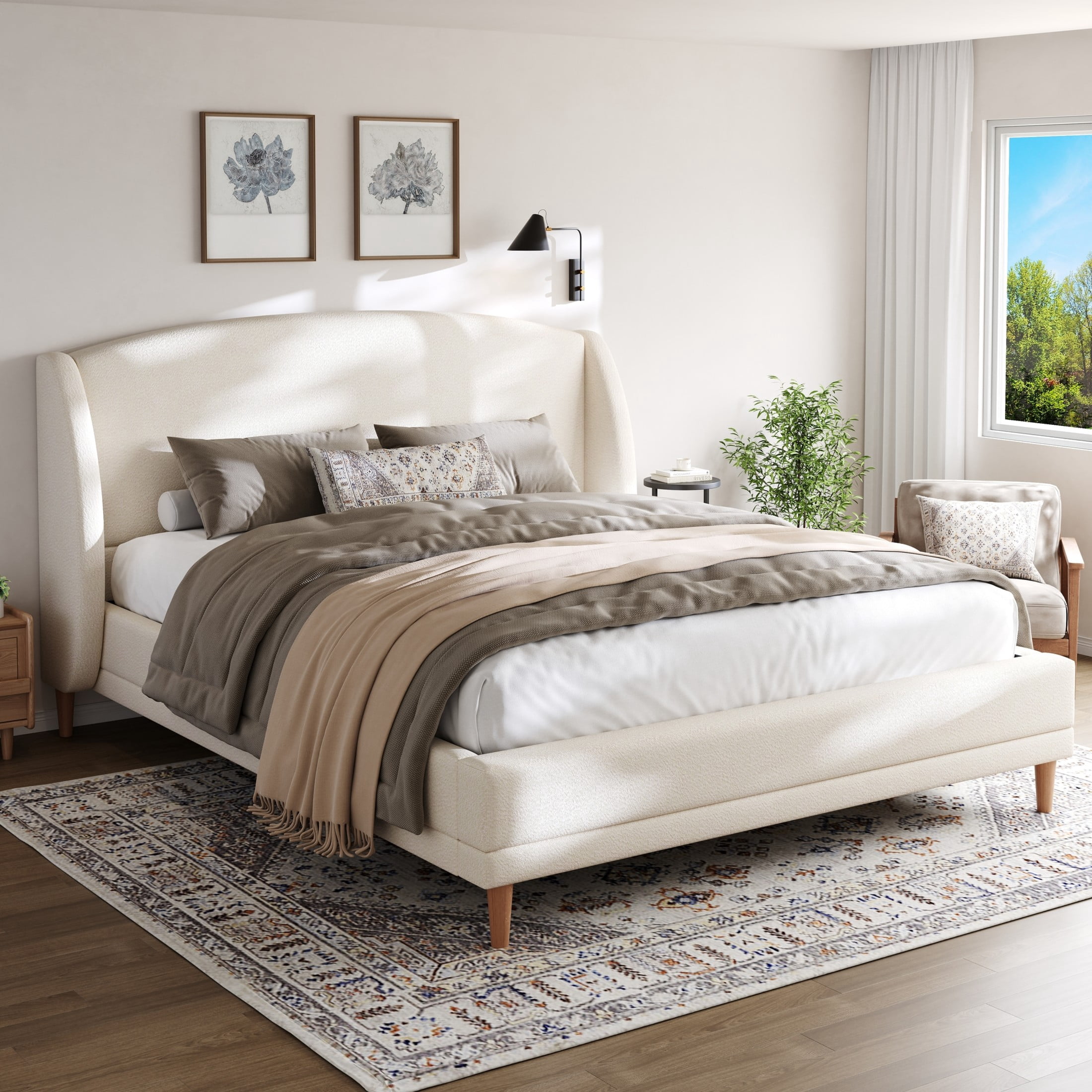 Christopher Knight Home Modern California King Boucle Upholstered Bed, Platform Bed with Wingback Headboard, White