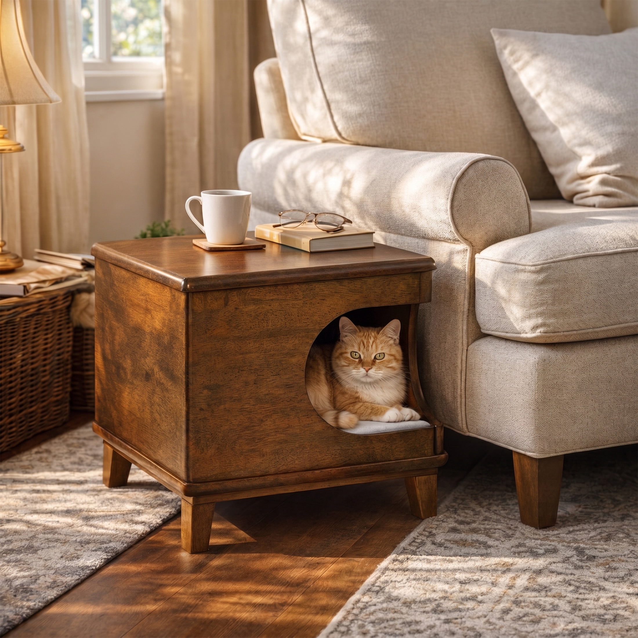 Christopher Knight Home Modern Cat House Side Table, Wooden Pet Nightstand with Bed Cushion, Walnut