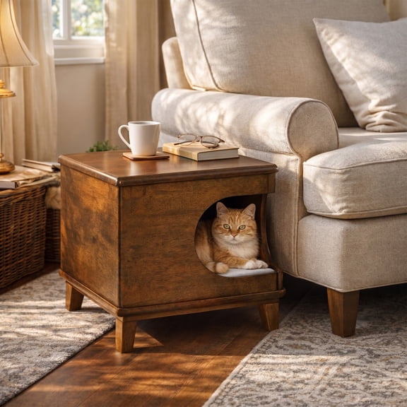 Christopher Knight Home Modern Cat House Side Table, Wooden Pet Nightstand with Bed Cushion, Walnut
