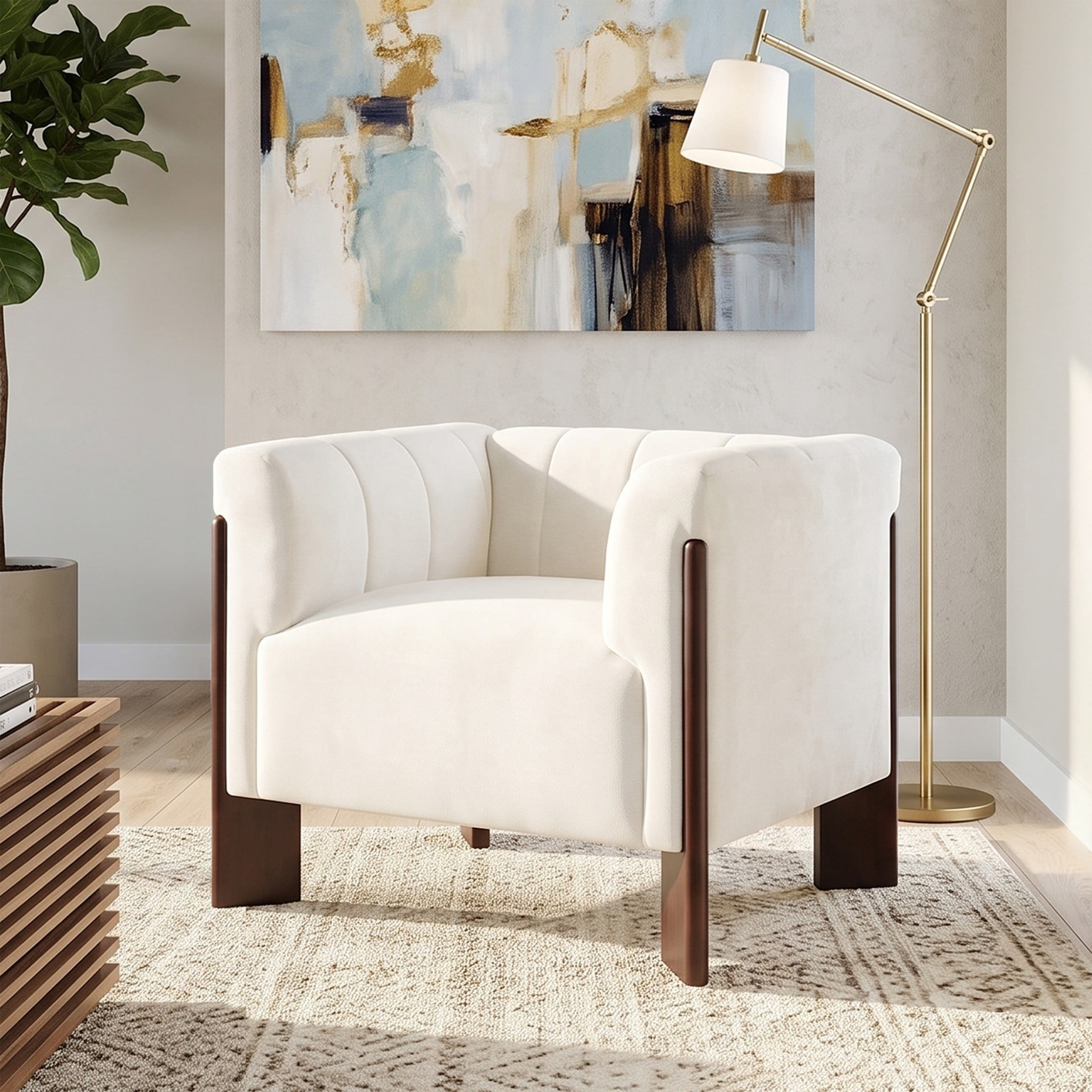 Christopher Knight Home Modern Chenille Accent Chair with Channel Tufted Back and Wooden Legs, Beige