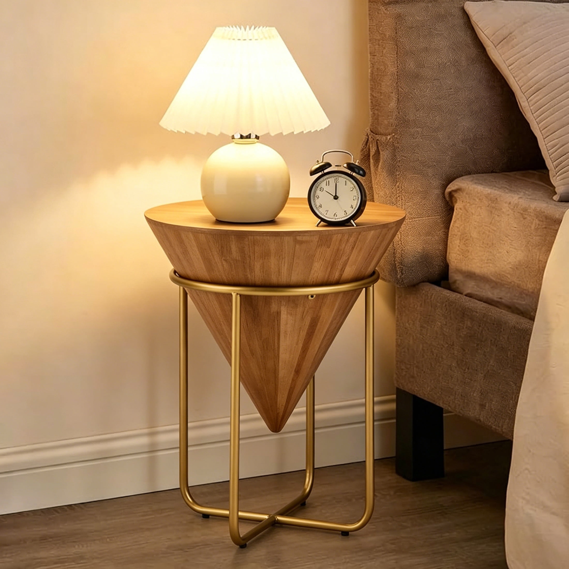 Christopher Knight Home Modern Cone-Shaped Round Accent Table, Natural Wood Top with Gold Iron Frame