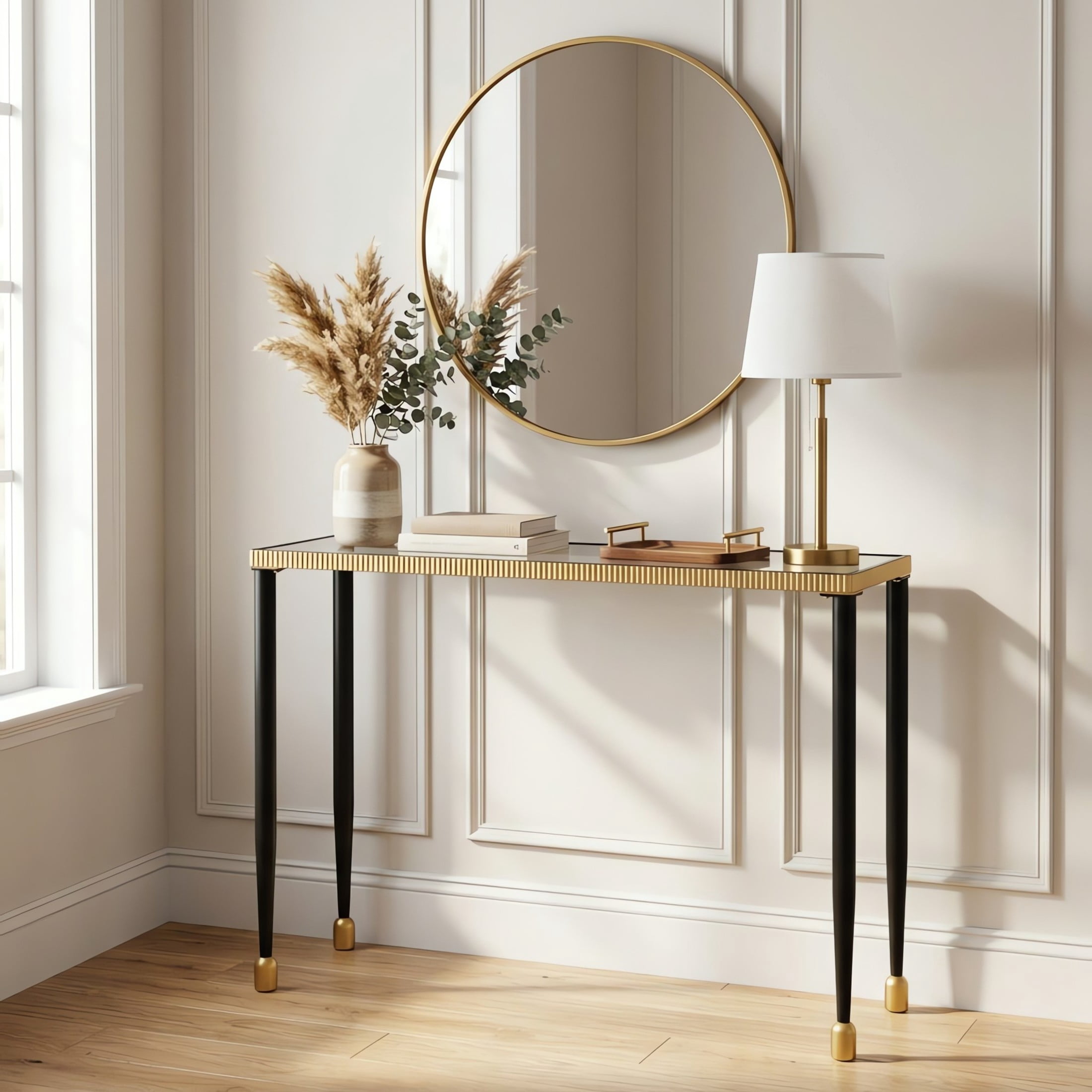 Christopher Knight Home Modern Console Table with Tempered Glass Top and Metal Frame, Black+Gold