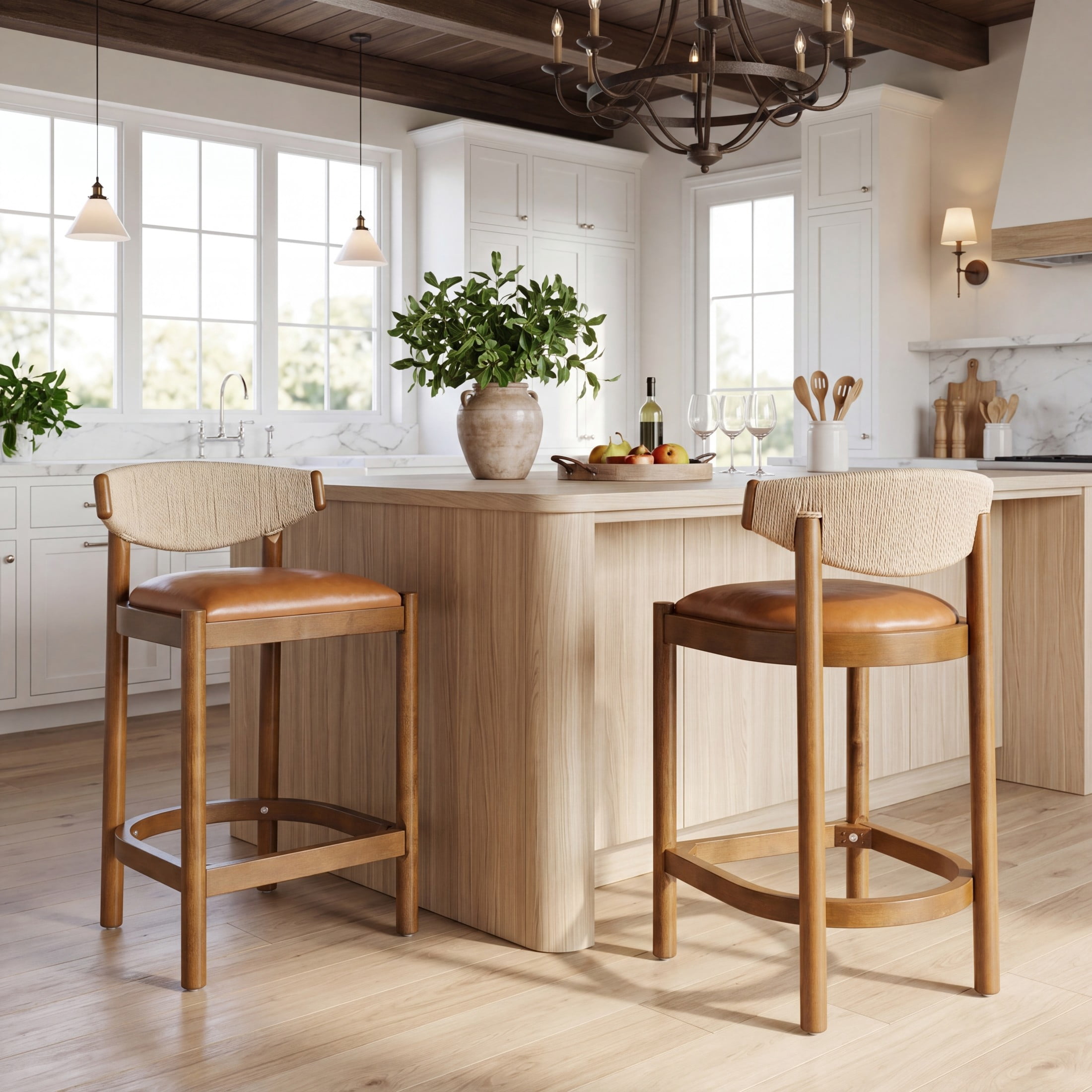 Christopher Knight Home Modern Counter Stools with Rope Back and PU Upholstered, Brown, Set of 2