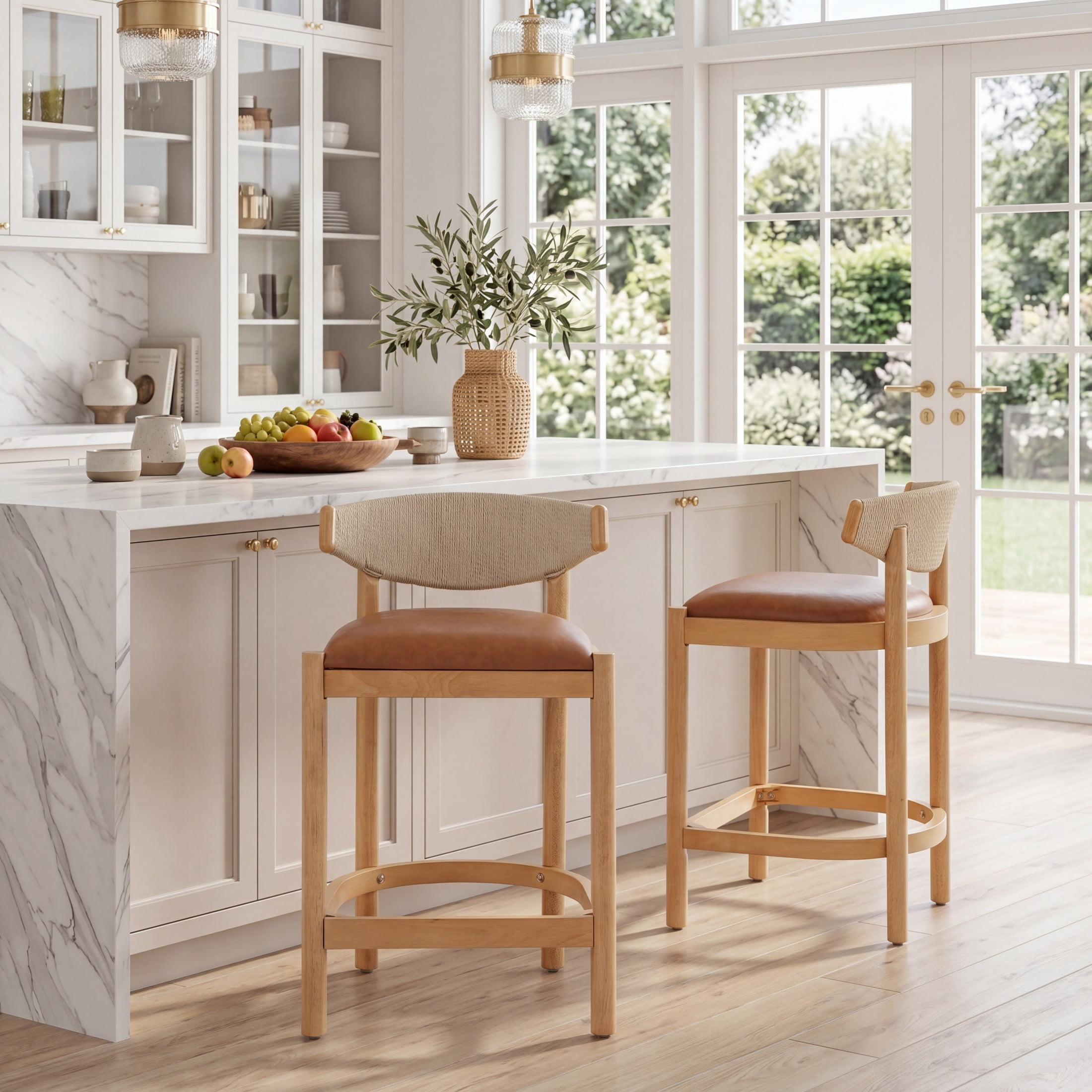 Christopher Knight Home Modern Counter Stools with Rope Back and PU Upholstered, Natural, Set of 2