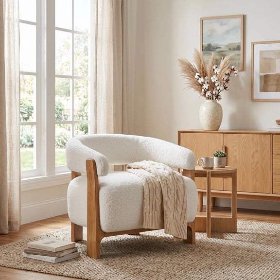 Christopher Knight Home Modern Curved Arm Accent Chair, Boucle Upholstery, Solid Wood Frame, Off-White