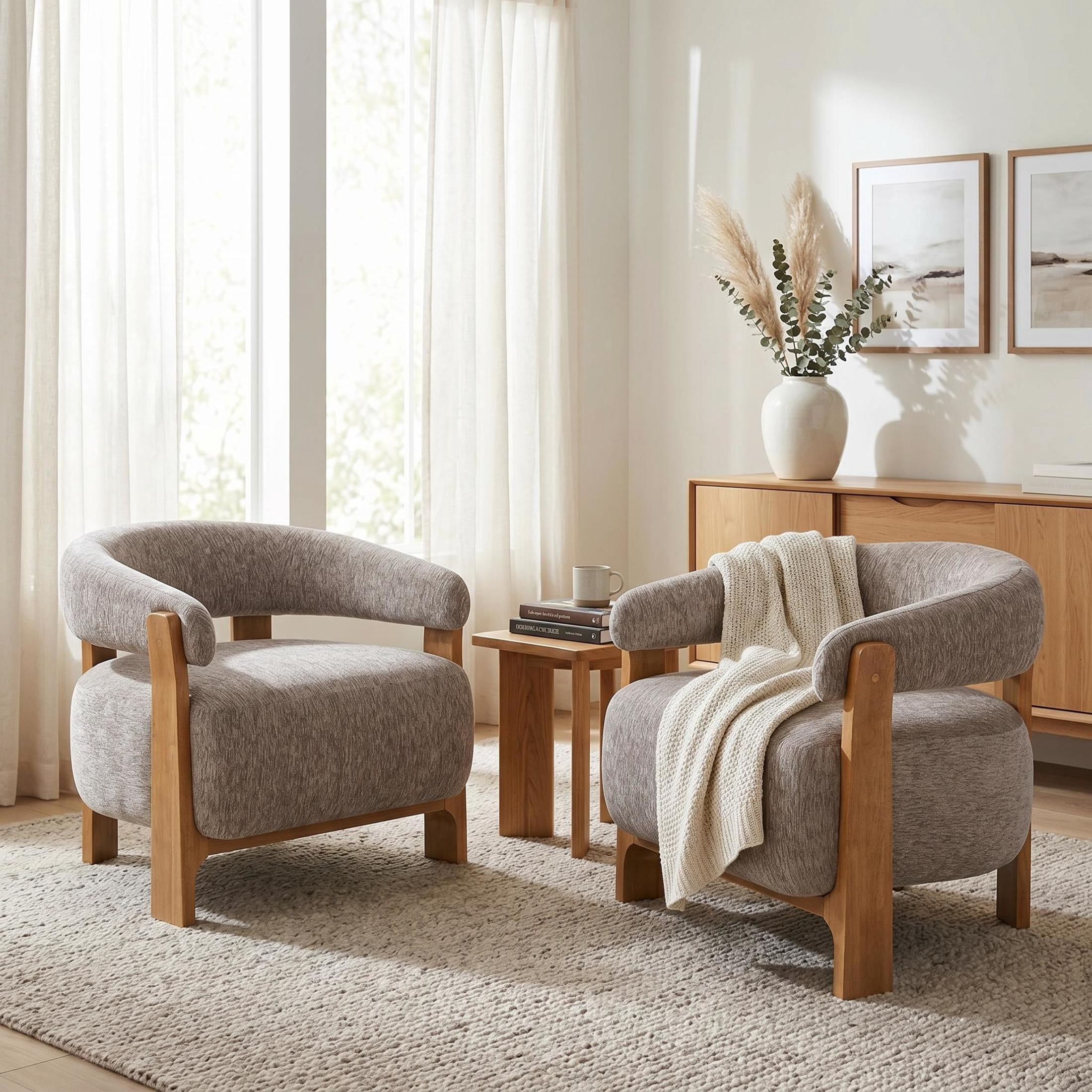 Christopher Knight Home Modern Curved Arm Accent Chair, Fabric Upholstery, Solid Wood Frame, Almond, Set of 2