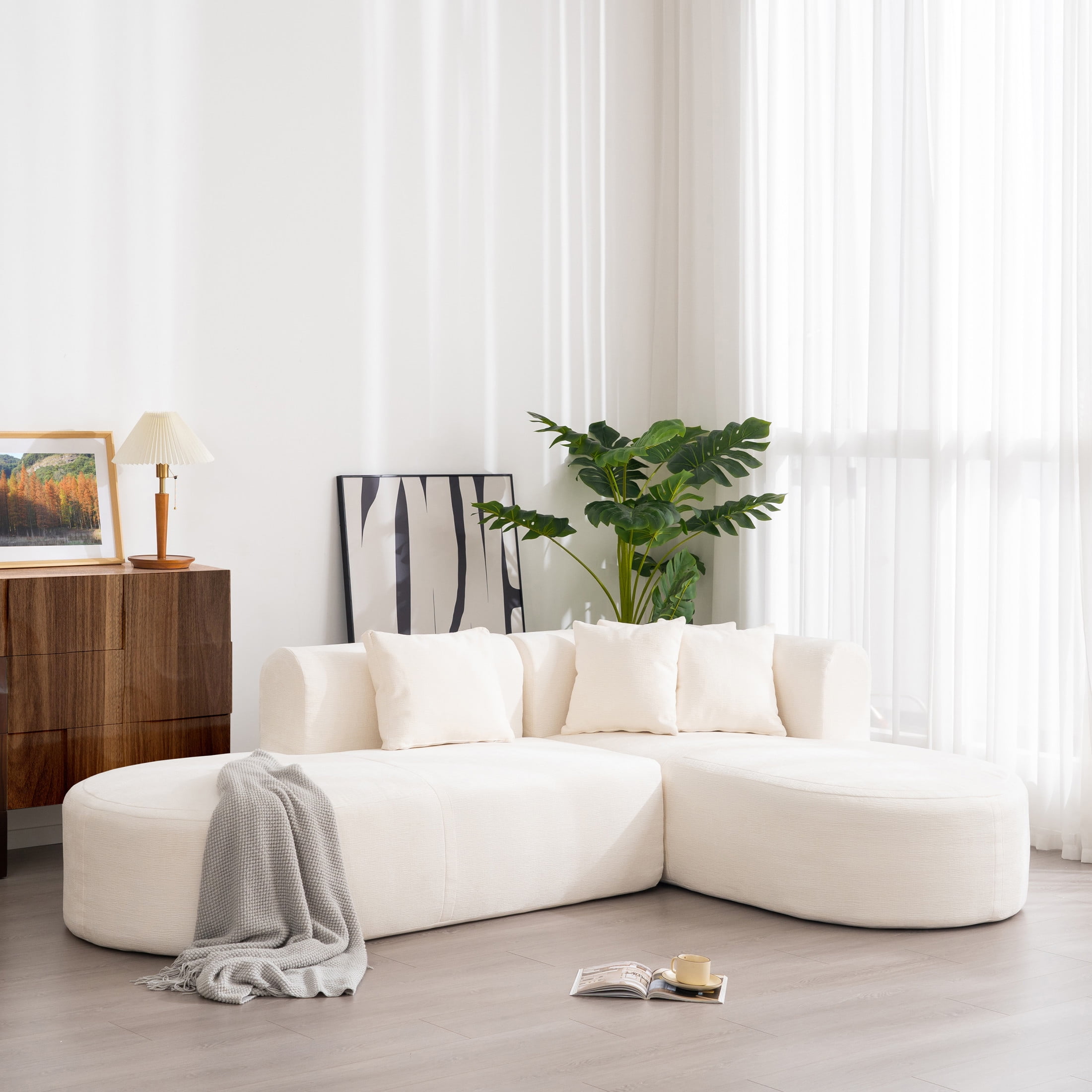 Christopher Knight Home Modern Curved Sectional Sofa with 4 Plush Pillows, 4 Seater Corner Sofa, Beige