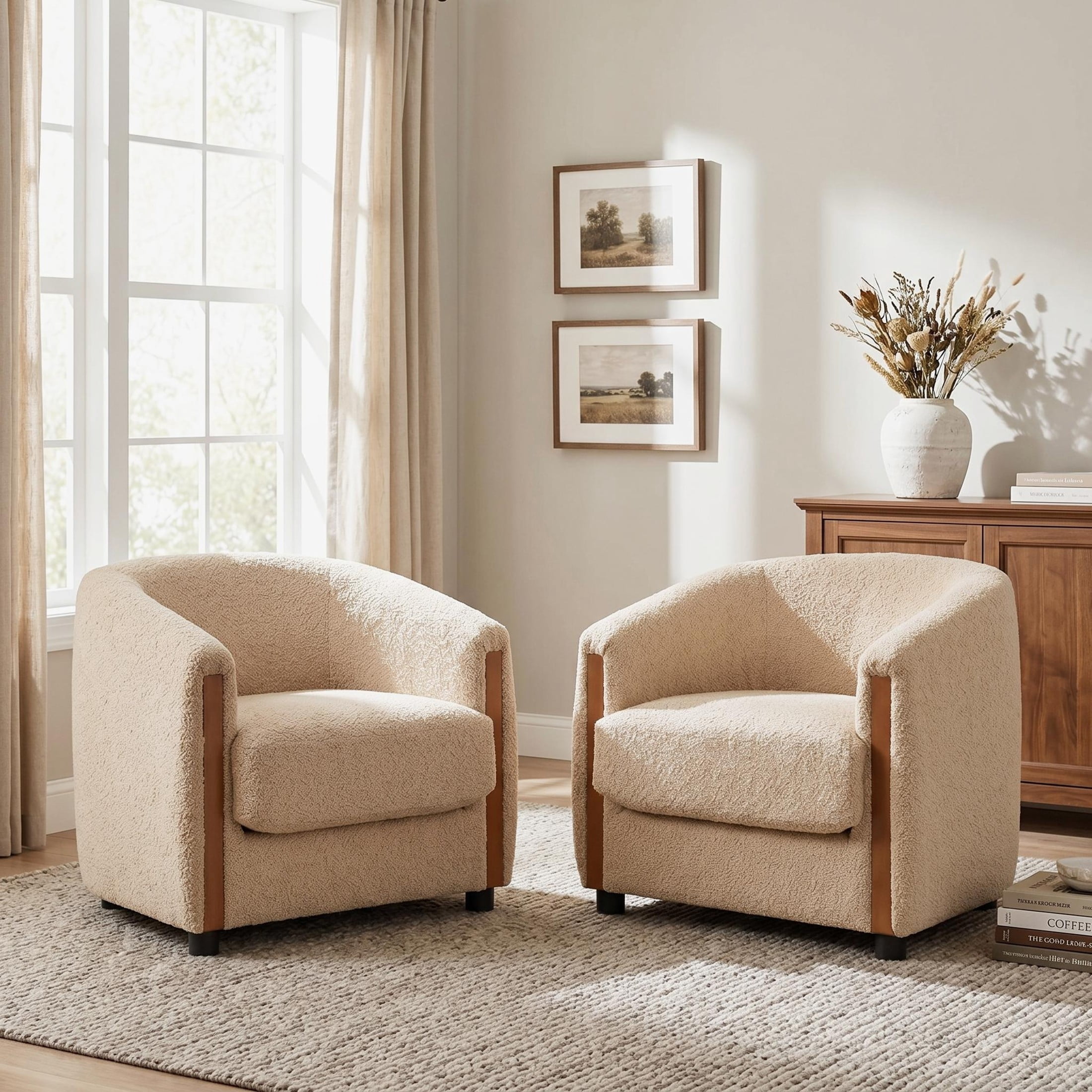 Christopher Knight Home Modern Curved Upholstered Barrel Accent Chair, Removable Cushion, Light Brown, Set of 2
