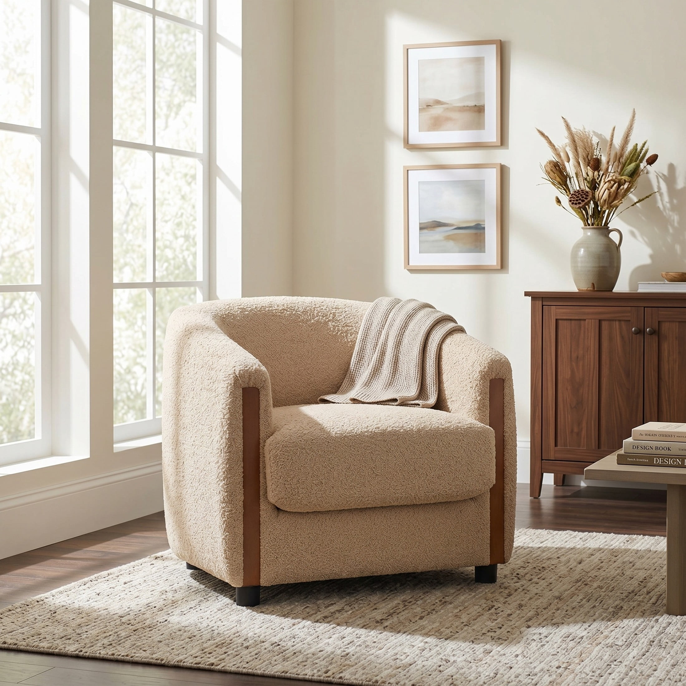 Christopher Knight Home Modern Curved Upholstered Barrel Accent Chair, Removable Cushion, Light Brown