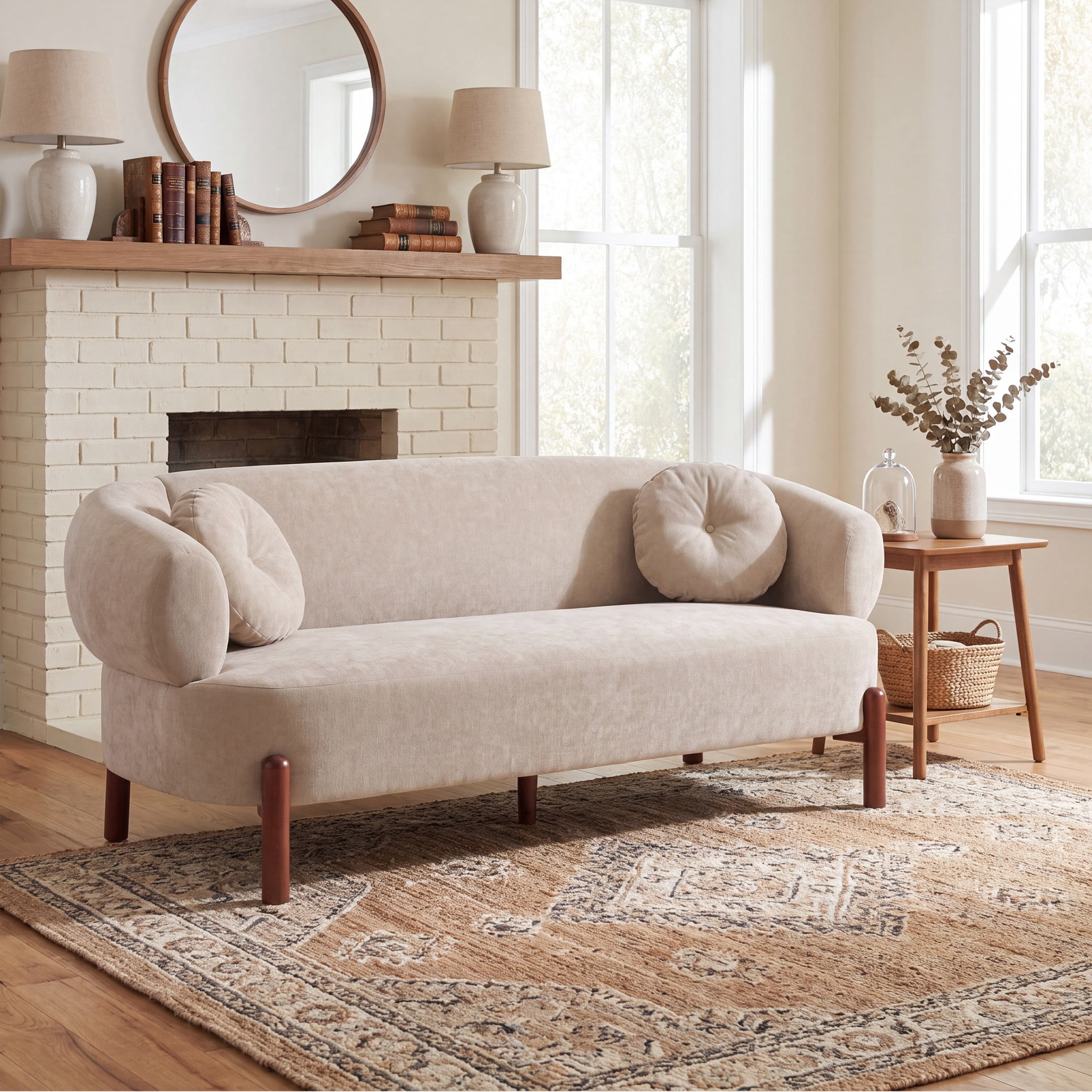 Christopher Knight Home Modern Curved Upholstered Sofa with Round Pillows, Birch Wood Legs, Almond