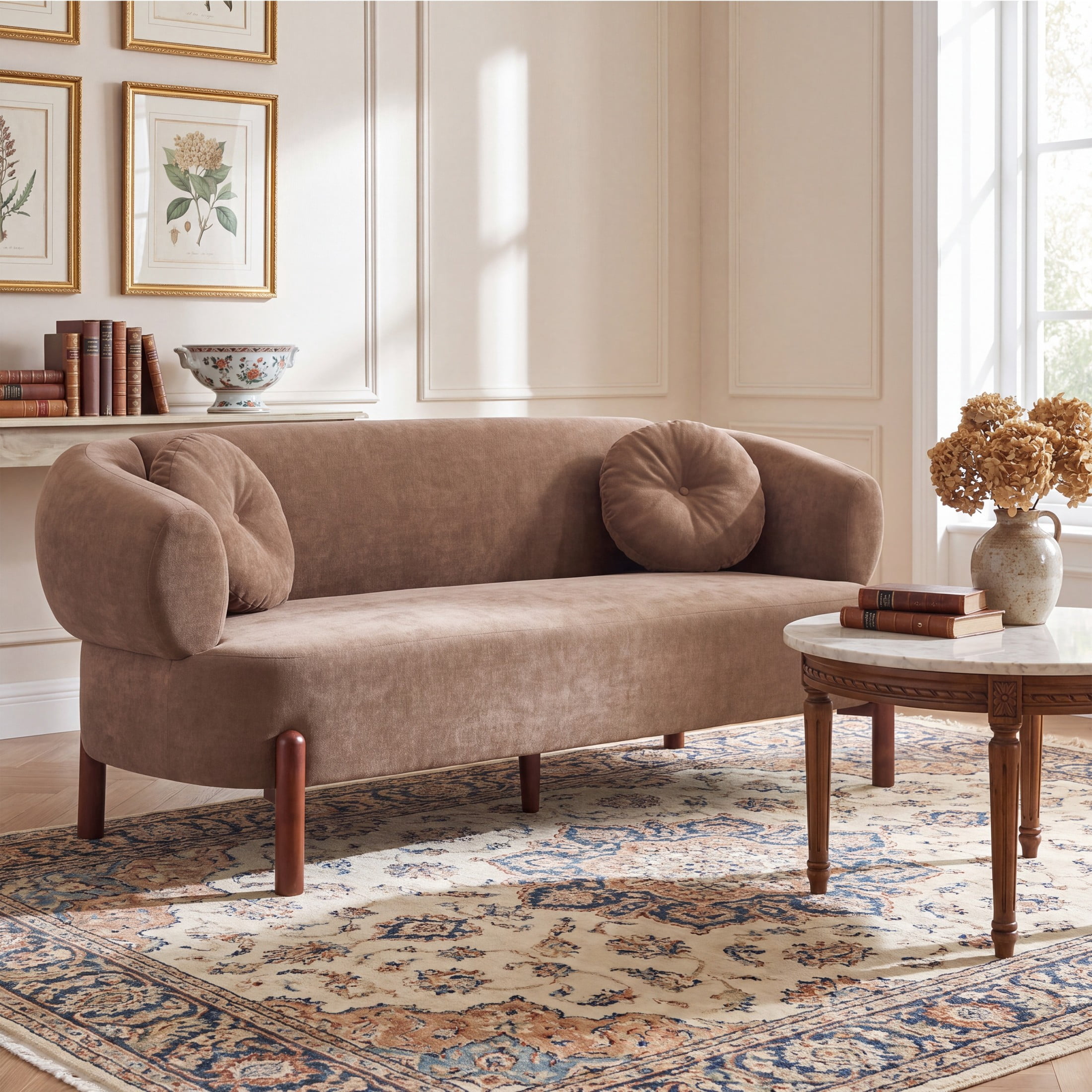 Christopher Knight Home Modern Curved Upholstered Sofa with Round Pillows, Birch Wood Legs, Brown