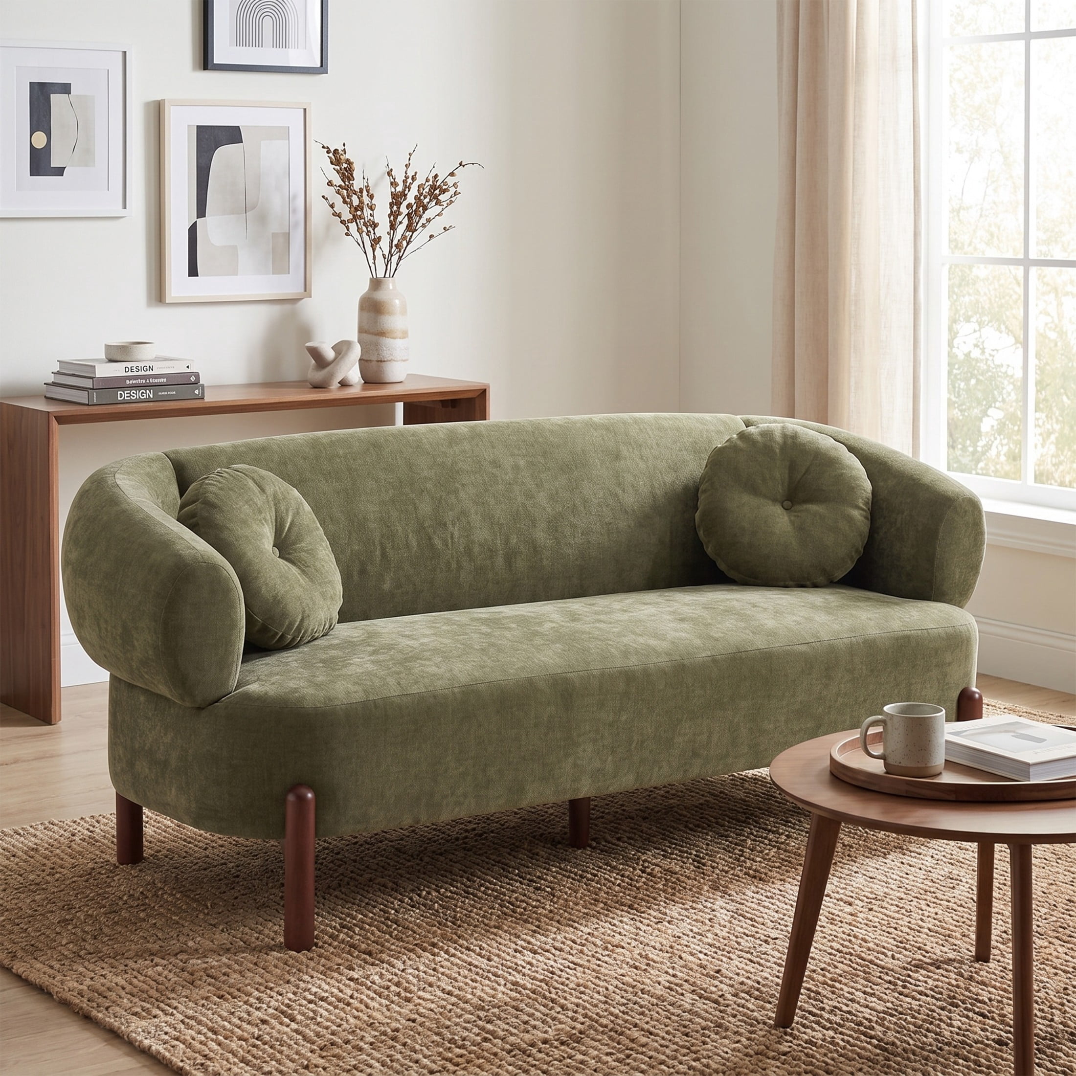 Christopher Knight Home Modern Curved Upholstered Sofa with Round Pillows, Birch Wood Legs, Olive Green