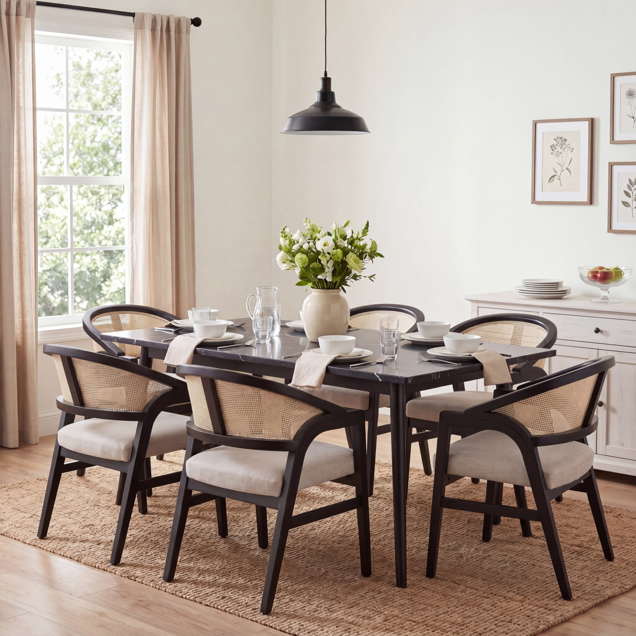 Christopher Knight Home Modern Dining Arm Chairs with Cane Back, Wood Frame, Black, Set of 6