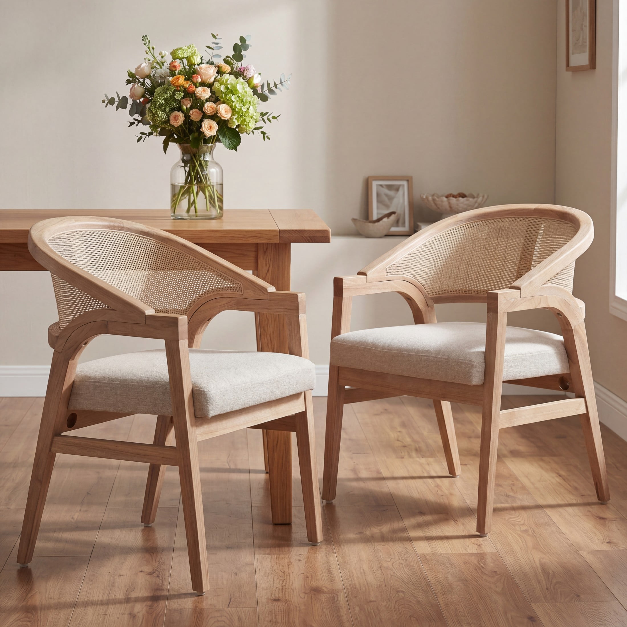 Christopher Knight Home Modern Dining Arm Chairs with Cane Back, Wood Frame, Natural, Set of 2