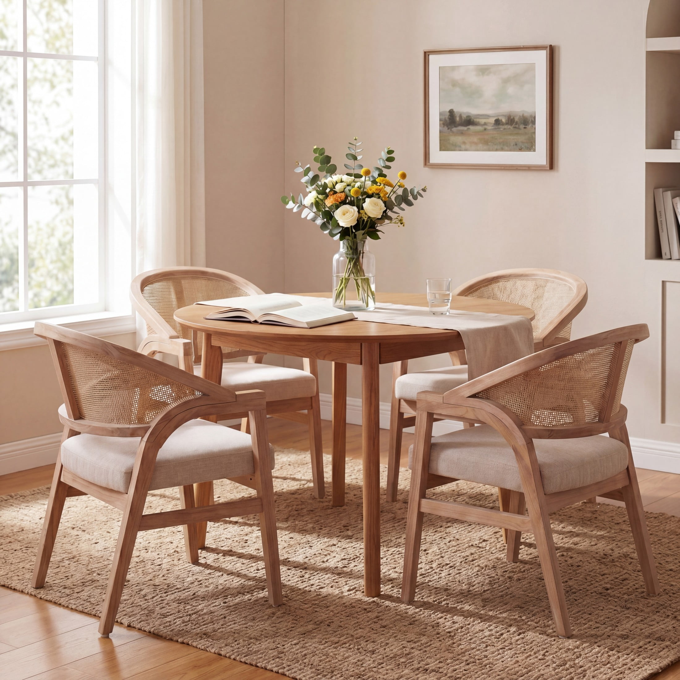 Christopher Knight Home Modern Dining Arm Chairs with Cane Back, Wood Frame, Natural, Set of 4