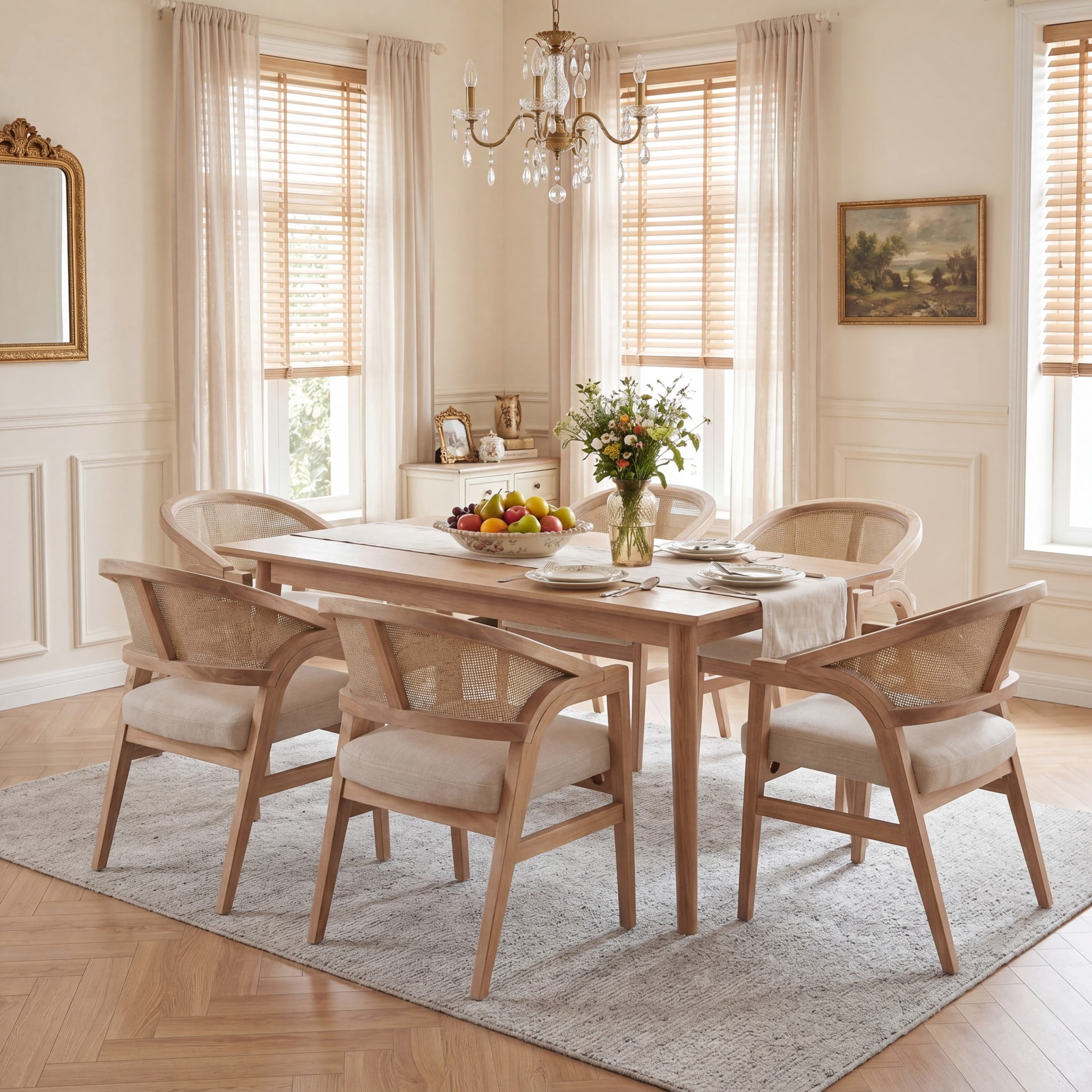 Christopher Knight Home Modern Dining Arm Chairs with Cane Back, Wood Frame, Natural, Set of 6