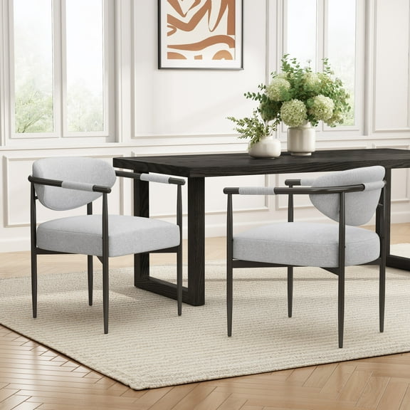 Christopher Knight Home Modern Dining Chairs, Beige Upholstered Armchairs with Bronze Iron Frame, Set of 2