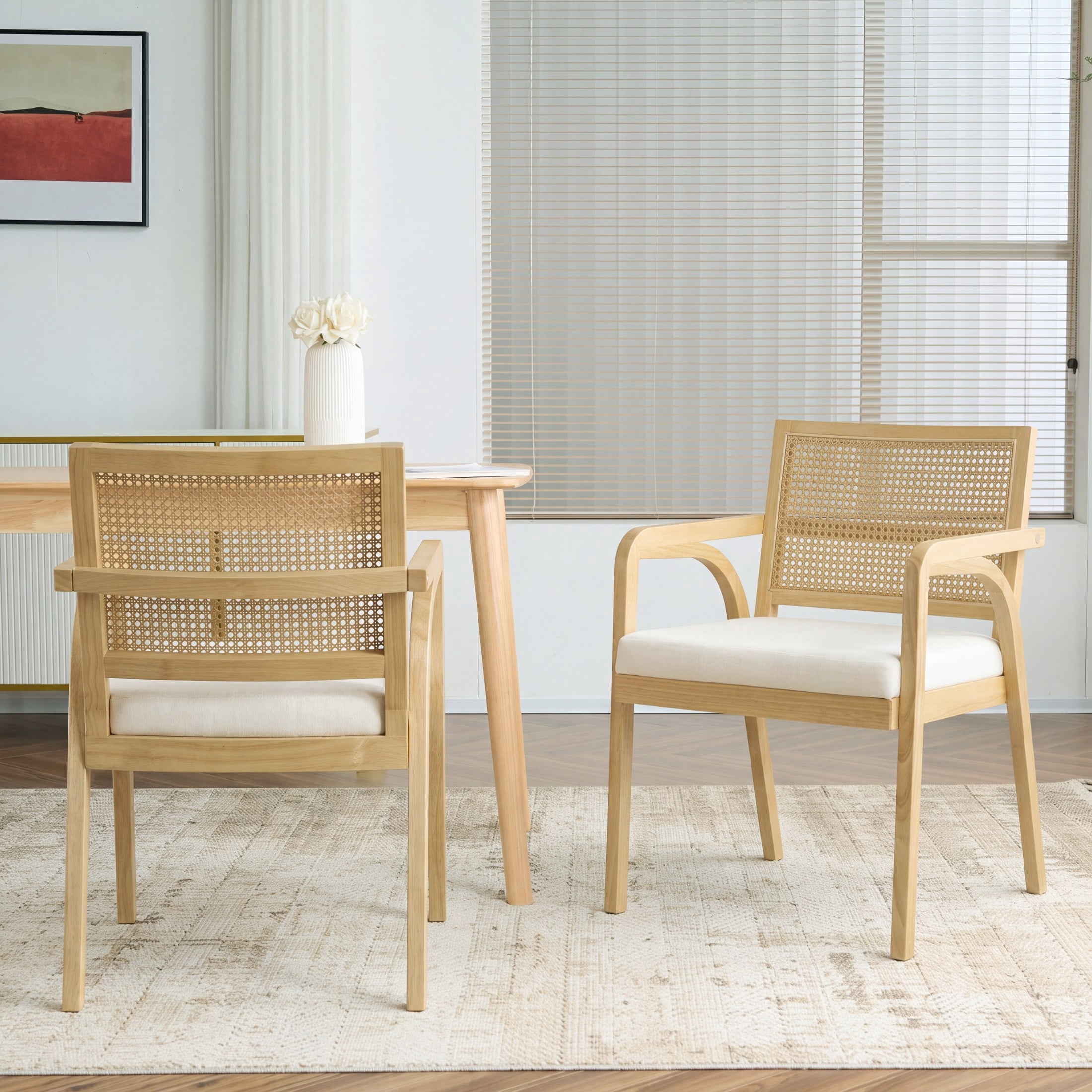 Christopher Knight Home Modern Dining Chairs, Upholstered Seats, Rattan Cane Back, Natural, Set of 2