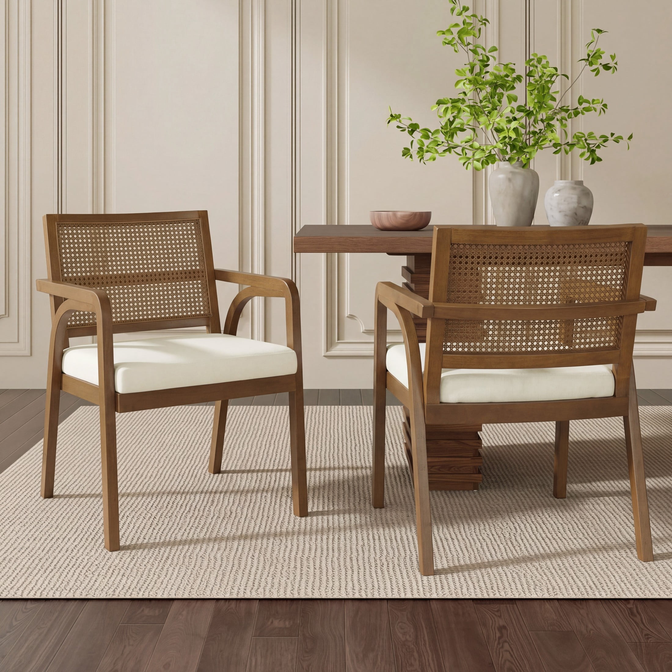 Christopher Knight Home Modern Dining Chairs, Upholstered Seats, Rattan Cane Back, Walnut, Set of 2