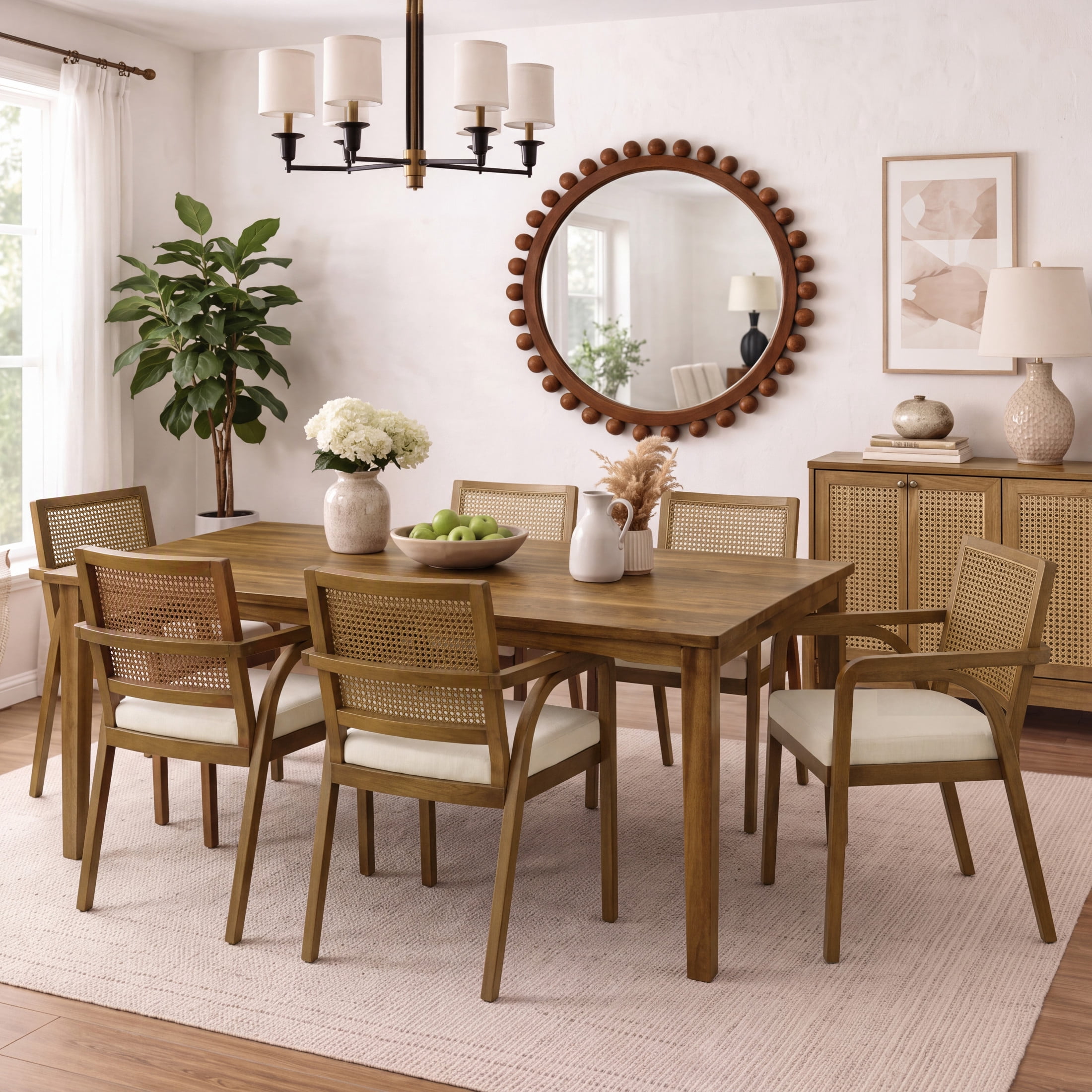 Christopher Knight Home Modern Dining Chairs, Upholstered Seats, Rattan Cane Back, Walnut, Set of 6