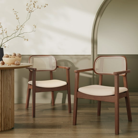 Christopher Knight Home Modern Dining Chairs with Rattan Back and Beige Seats, Brown Wood Frame, Set of 2