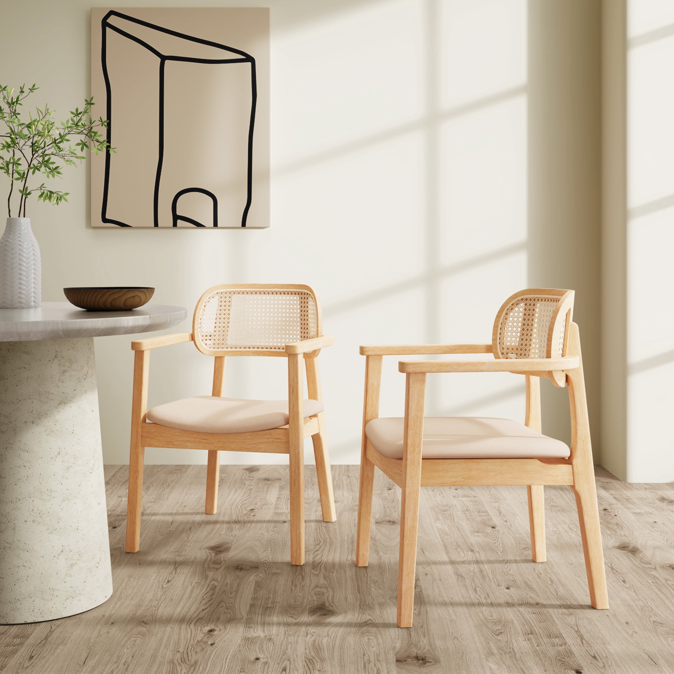 Christopher Knight Home Modern Dining Chairs with Rattan Back and Beige Seats, Natural Wood Frame, Set of 2